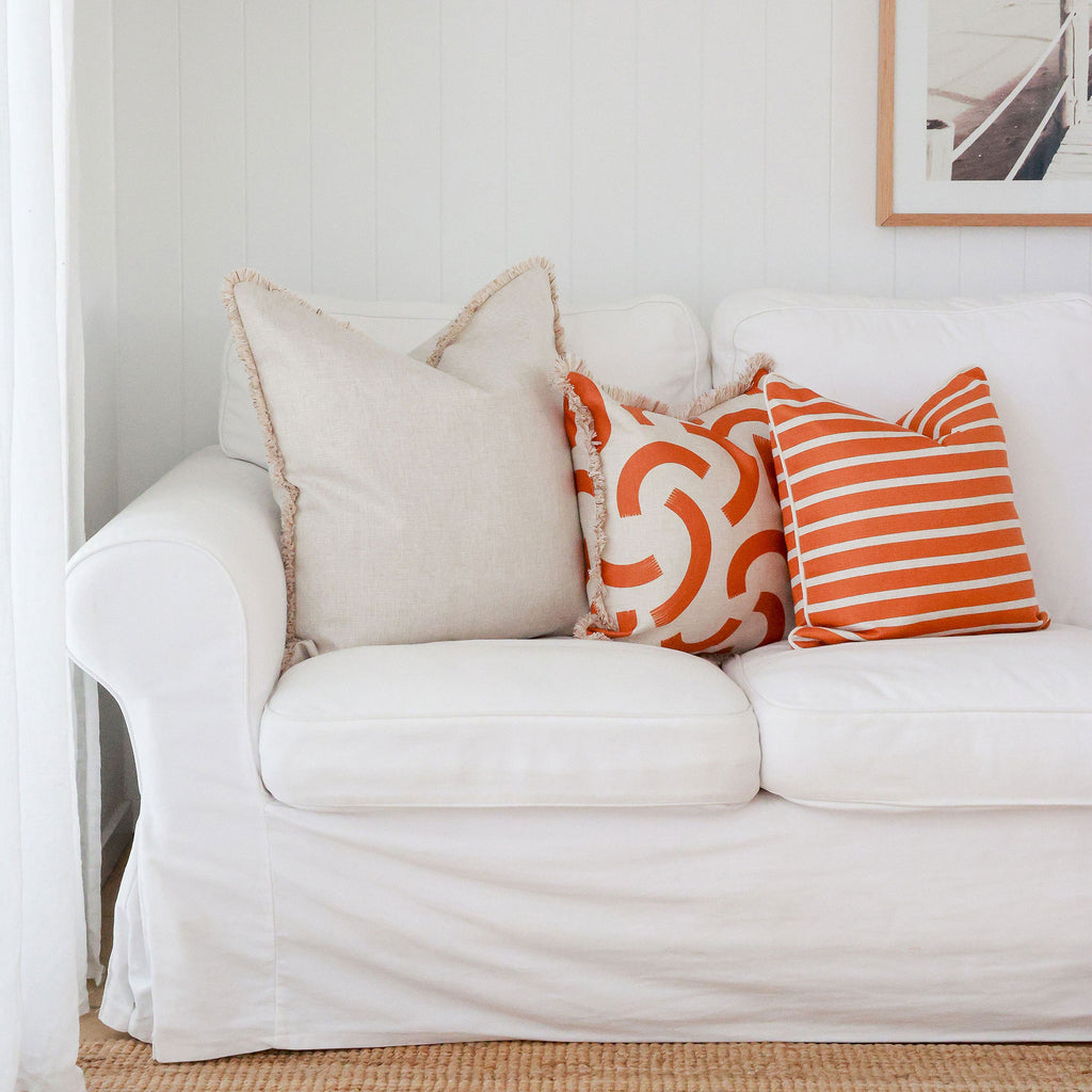 Cushion Cover-Coastal Fringe-Hampton Stripe Burnt Orange-45cm x 45cm