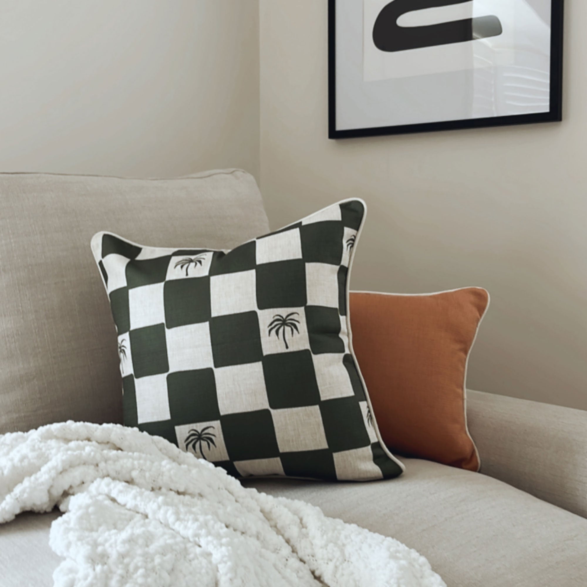 Cushion Cover-With Piping-Check Palm Kale-45cm x 45cm