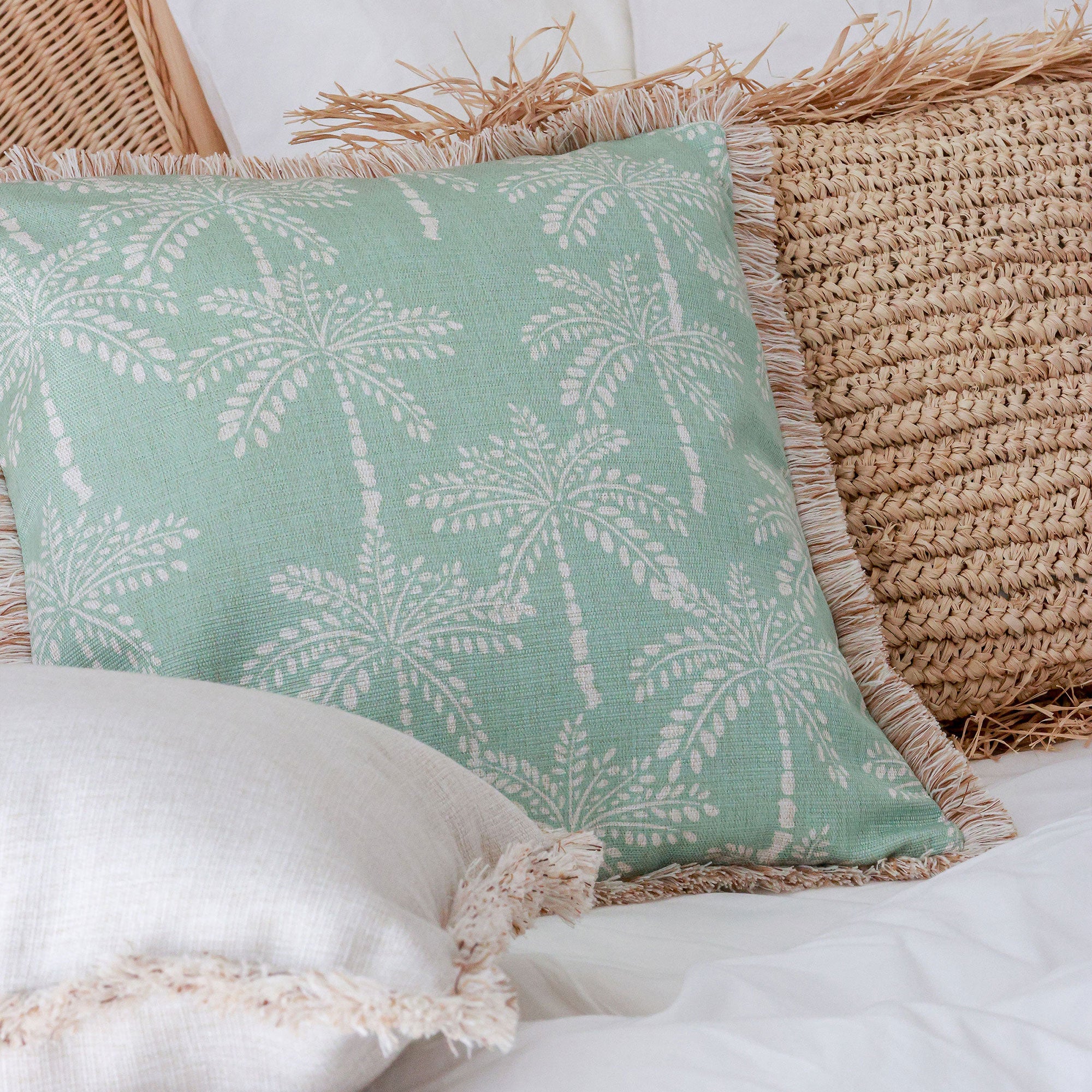 Cushion Cover-Coastal Fringe-Cabana Palms Seafoam-45cm x 45cm