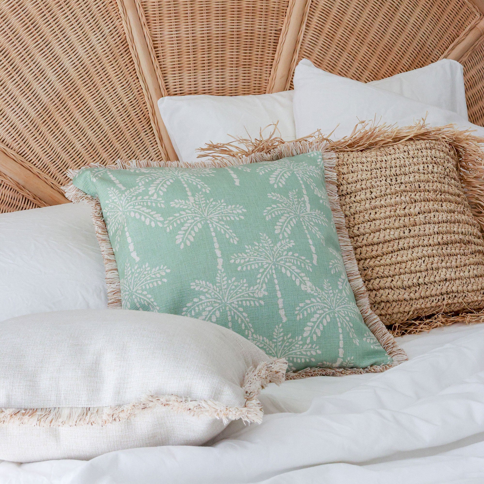 Cushion Cover-Coastal Fringe-Cabana Palms Seafoam-45cm x 45cm