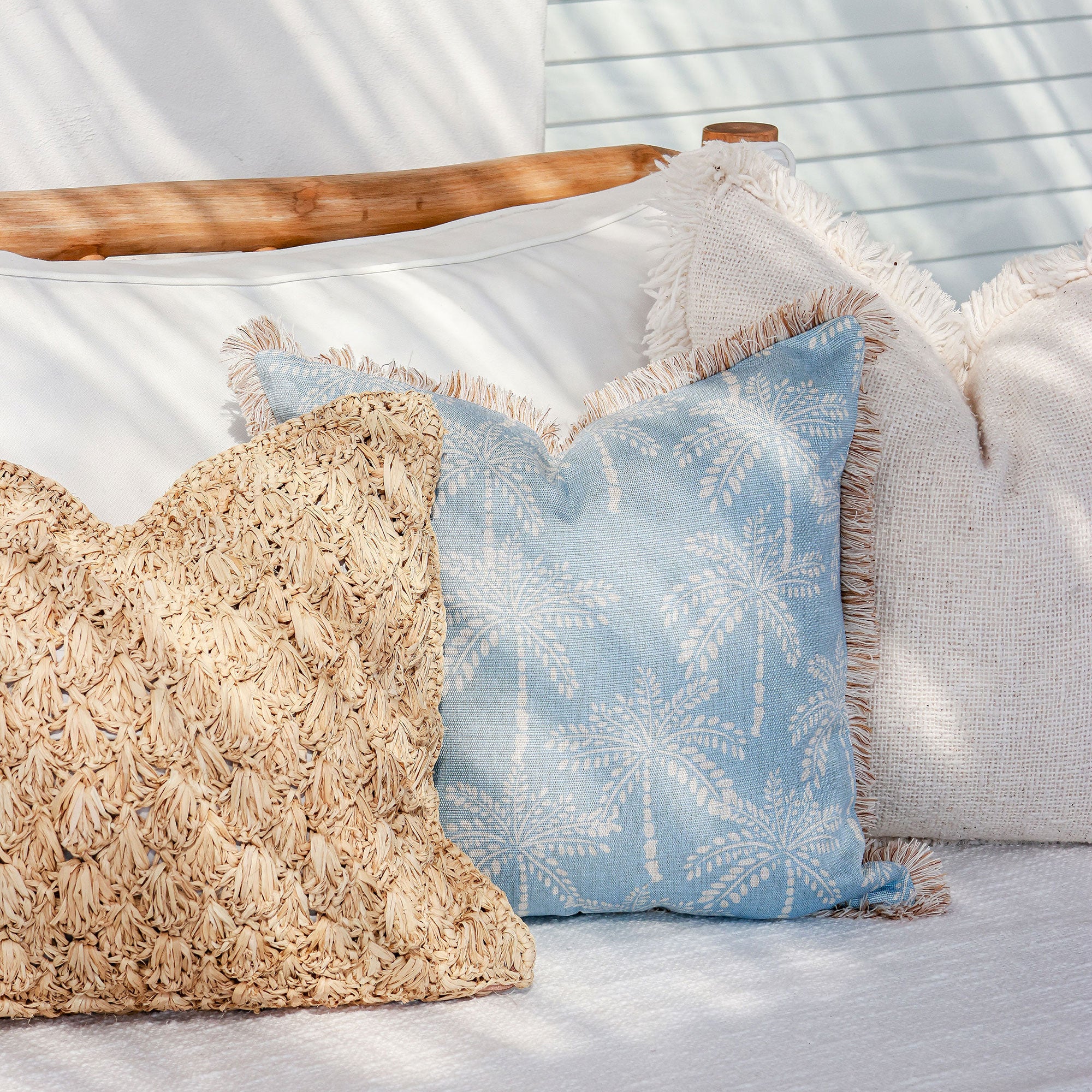 Cushion Cover-Coastal Fringe-Cabana Palms Pale Blue-45cm x 45cm