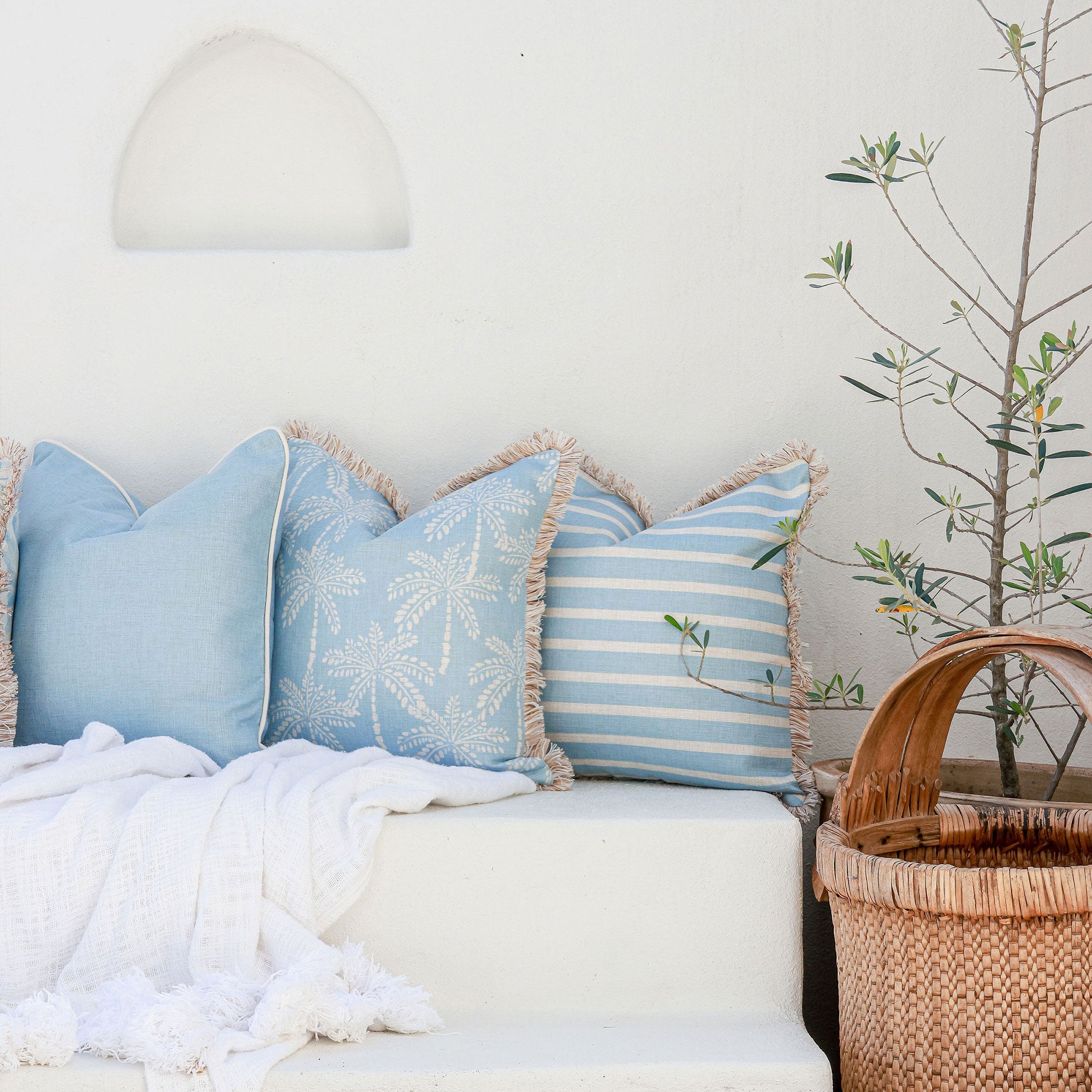 Cushion Cover-Coastal Fringe-Hampton Stripe Pale Blue-45cm x 45cm