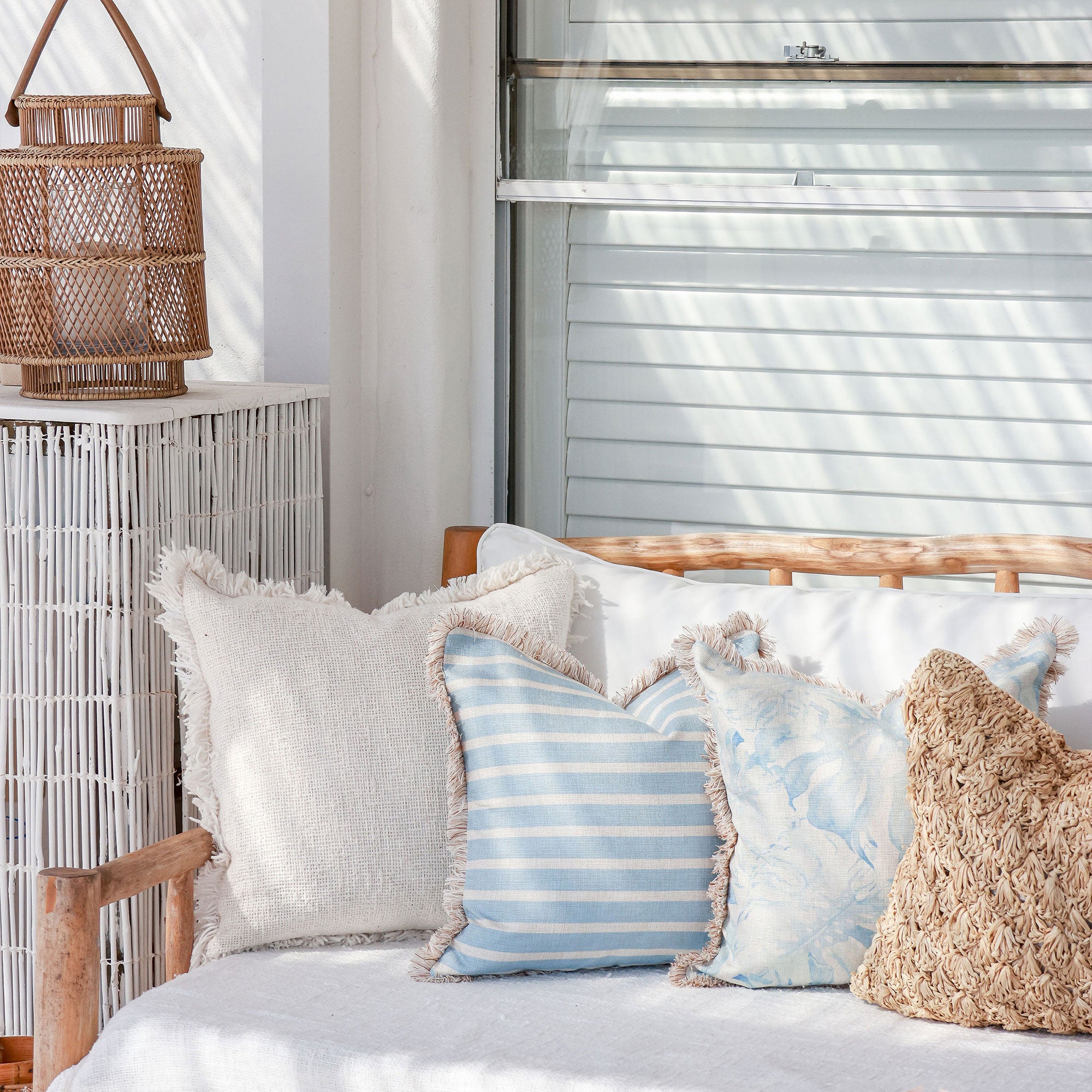 Cushion Cover-Coastal Fringe-Hampton Stripe Pale Blue-45cm x 45cm