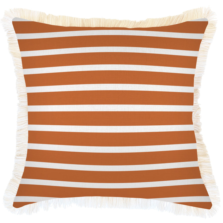 Cushion Cover-Coastal Fringe-Hampton Stripe Burnt Orange-45cm x 45cm