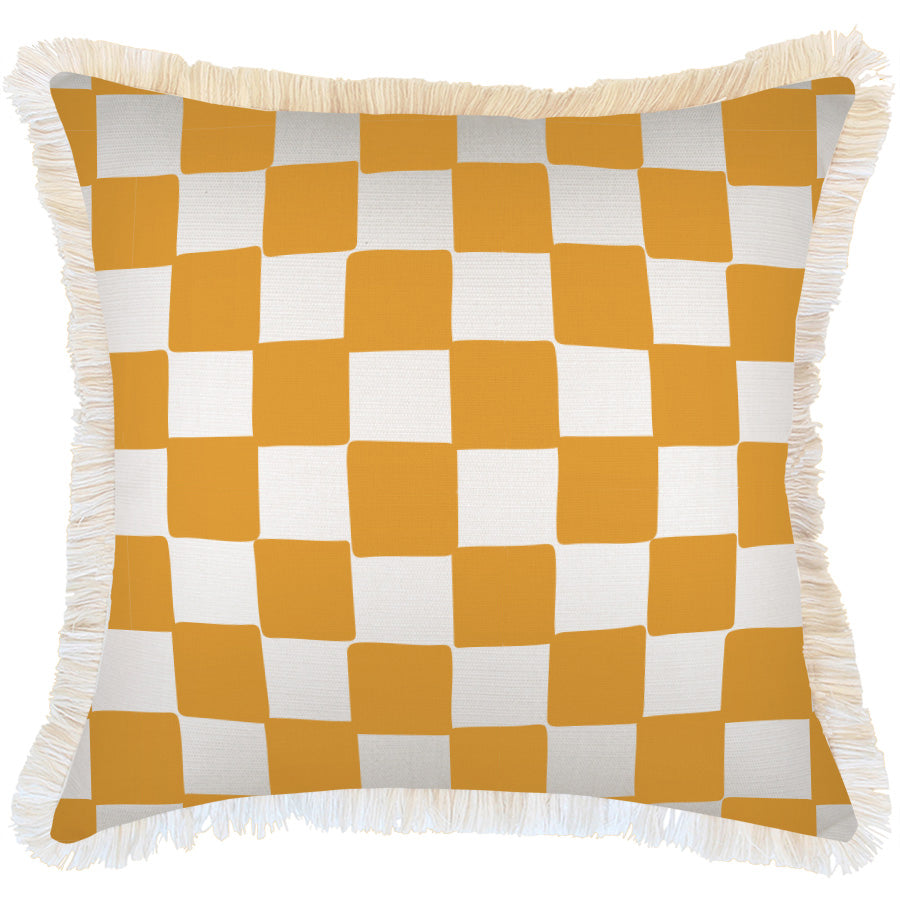 Cushion Cover-Coastal Fringe-Check Yellow White-60cm x 60cm