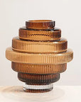 Ribbed Layered Wide Glass Vase-Medium-Amber