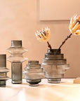 Ribbed Layered Wide Glass Vase-Medium-Grey