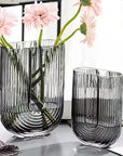 Ribbed U Shaped Glass Vase-Medium-Grey
