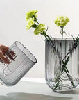 Ribbed U Shaped Glass Vase-Medium-Grey