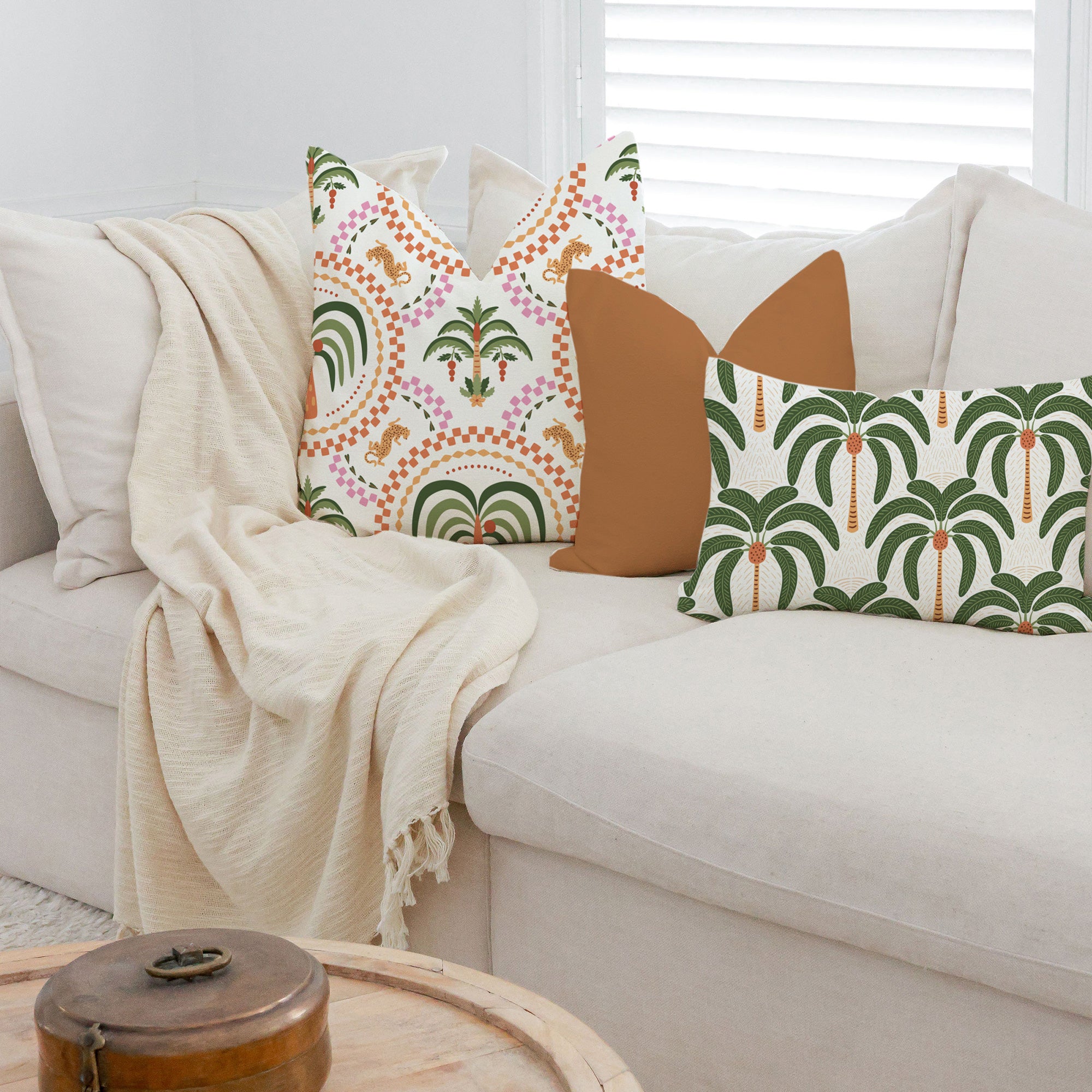 Cushion Cover-With Piping-Palm Mosaic White-60cm x 60cm