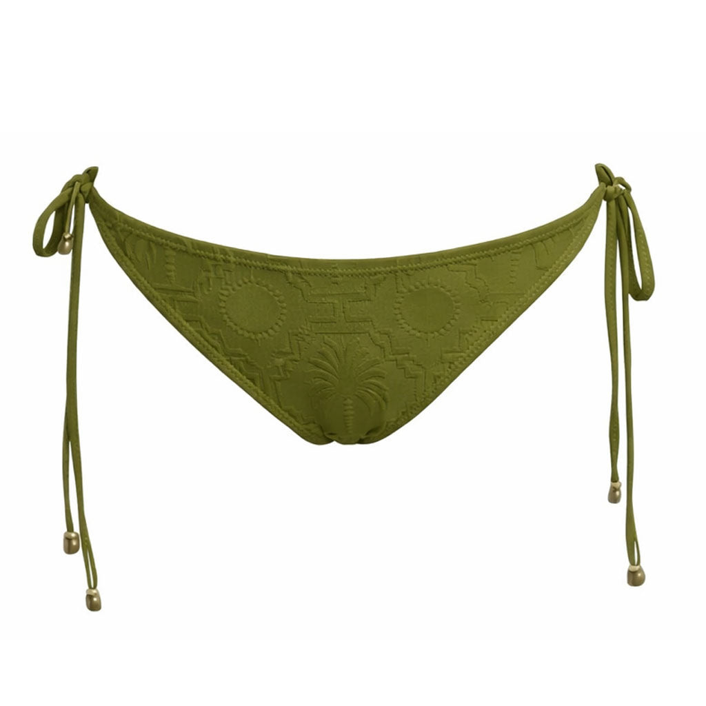 Thin Tie Side Bikini Bottom-Embossed Geo Palms Olive