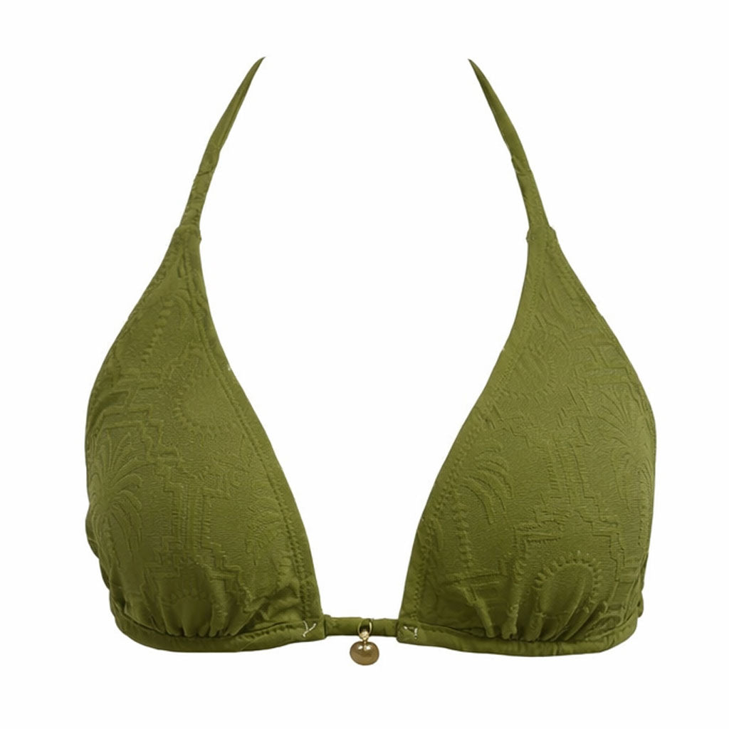 Triangle Bikini Top-Embossed Geo Palms Olive