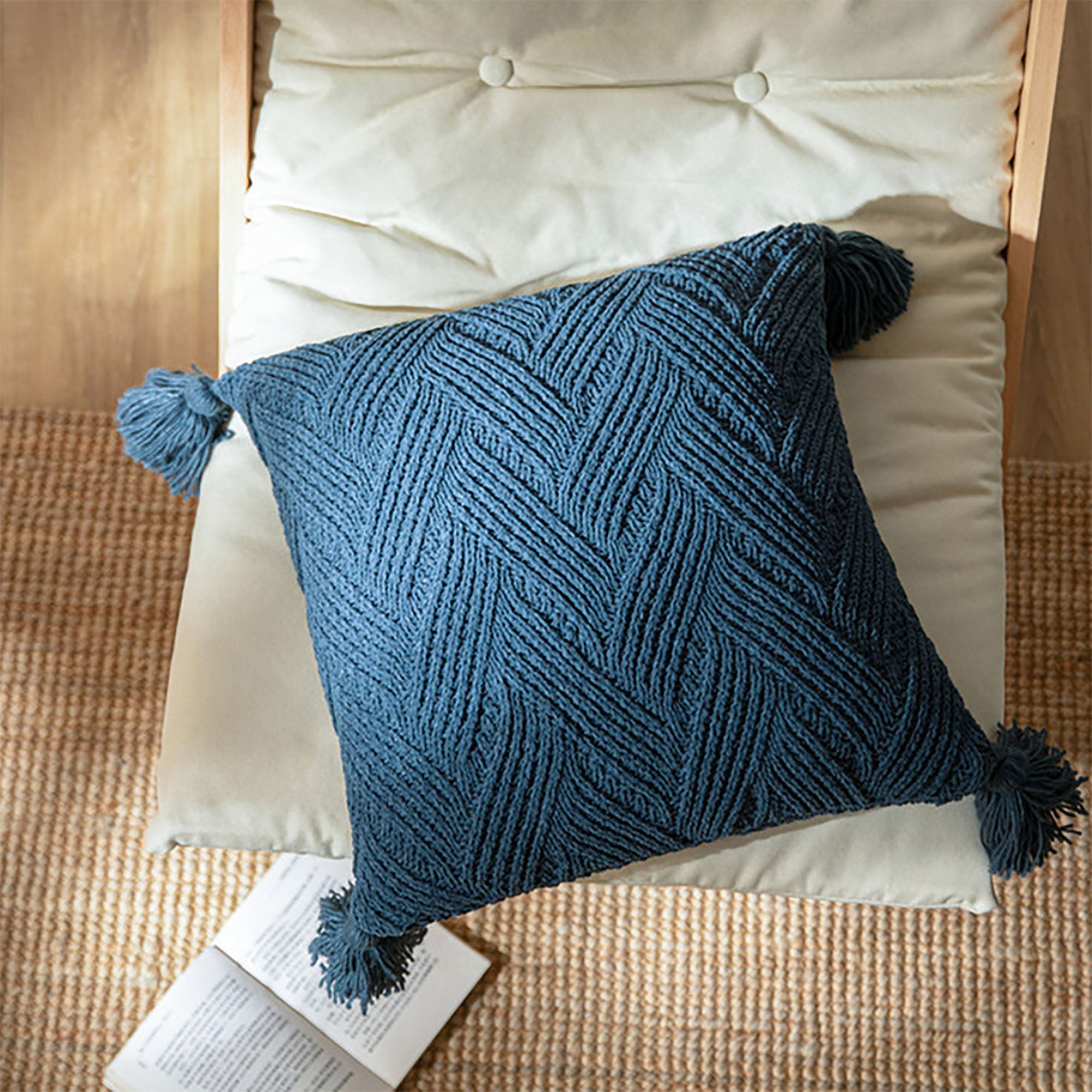 Knitted Cushion with Tassels-45cm x 45cm-Teal