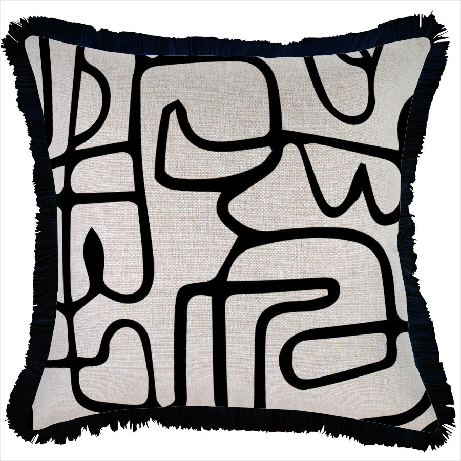 Cushion Cover-Coastal Fringe Black-Art Studio-45cm x 45cm