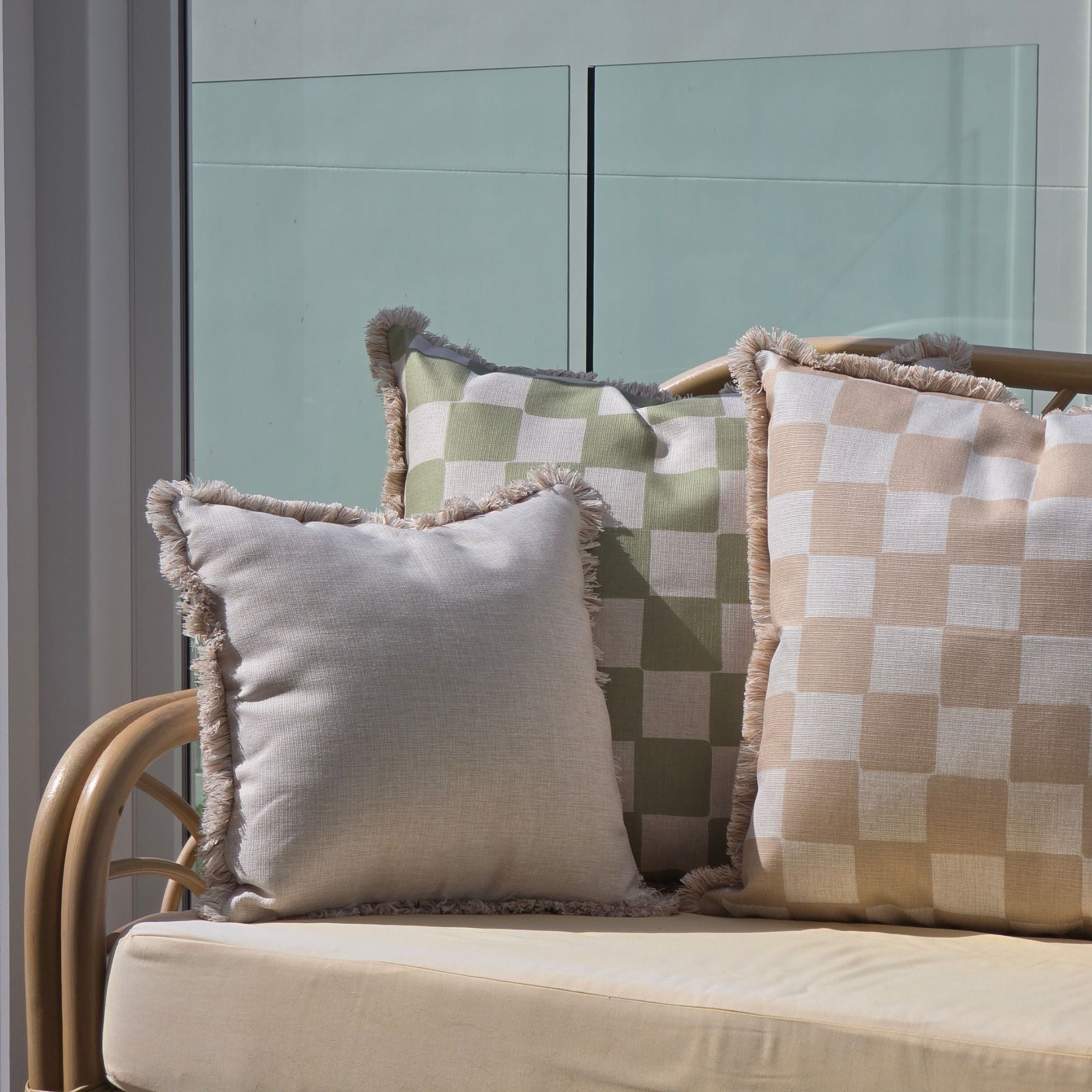 Cushion Cover-Coastal Fringe-Check Beige-60cm x 60cm