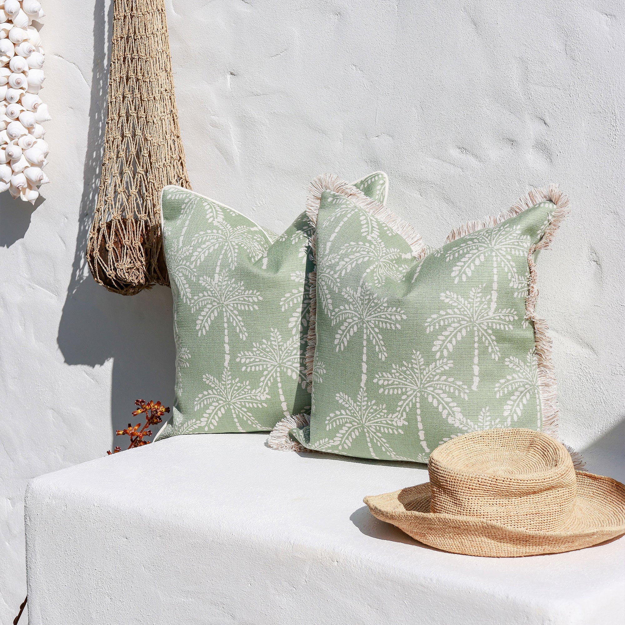 Cushion Cover-Coastal Fringe-Cabana Palms Seafoam-60cm x 60cm