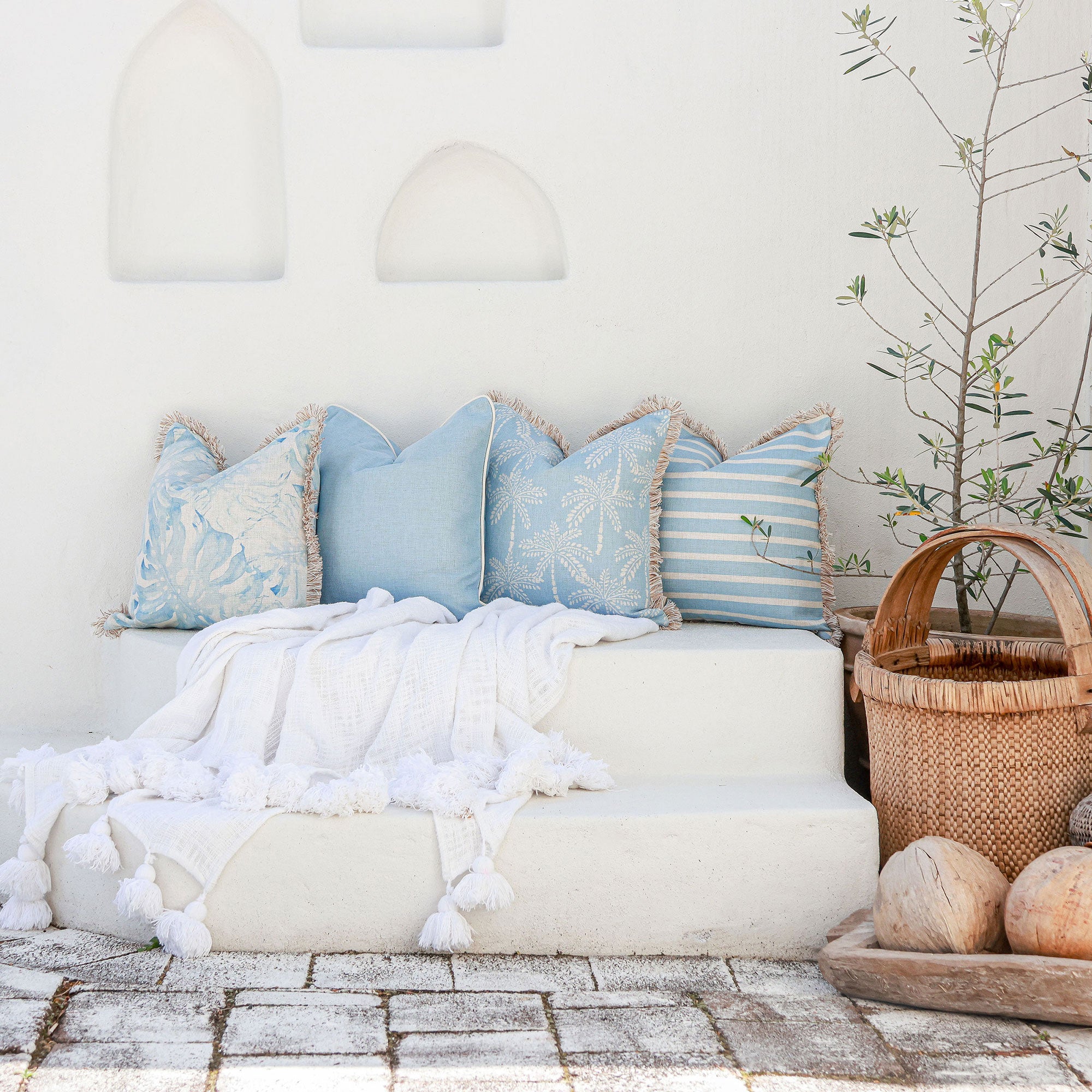 Cushion Cover-Coastal Fringe-Cabana Palms Pale Blue-45cm x 45cm