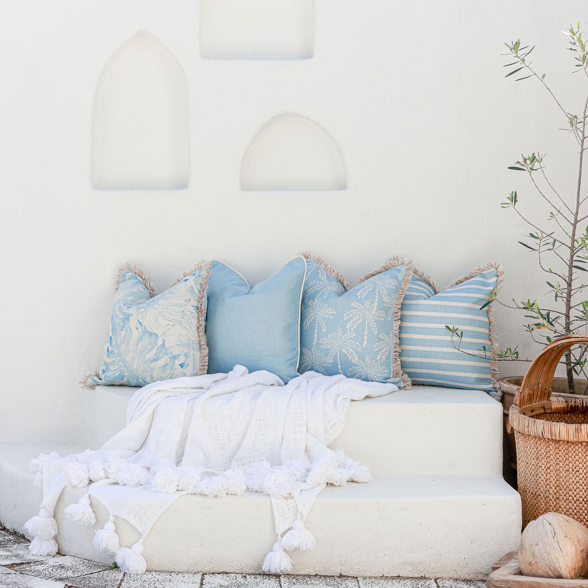 Cushion Cover-Coastal Fringe-Cabana Palms Pale Blue-45cm x 45cm