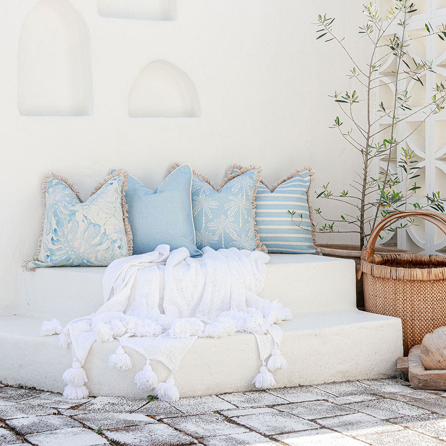 Cushion Cover-Coastal Fringe-Cabana Palms Pale Blue-45cm x 45cm