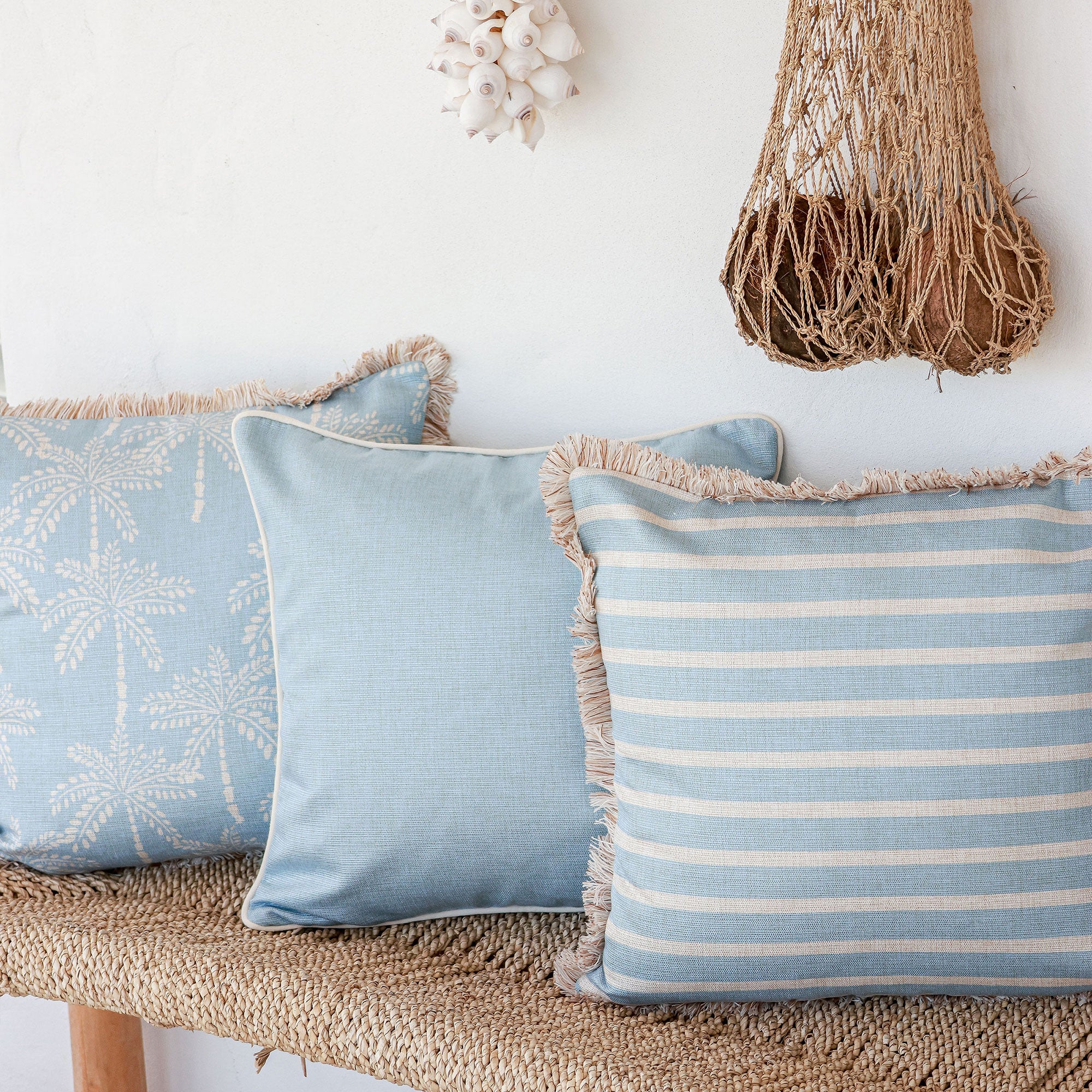 Cushion Cover-Coastal Fringe-Cabana Palms Pale Blue-45cm x 45cm