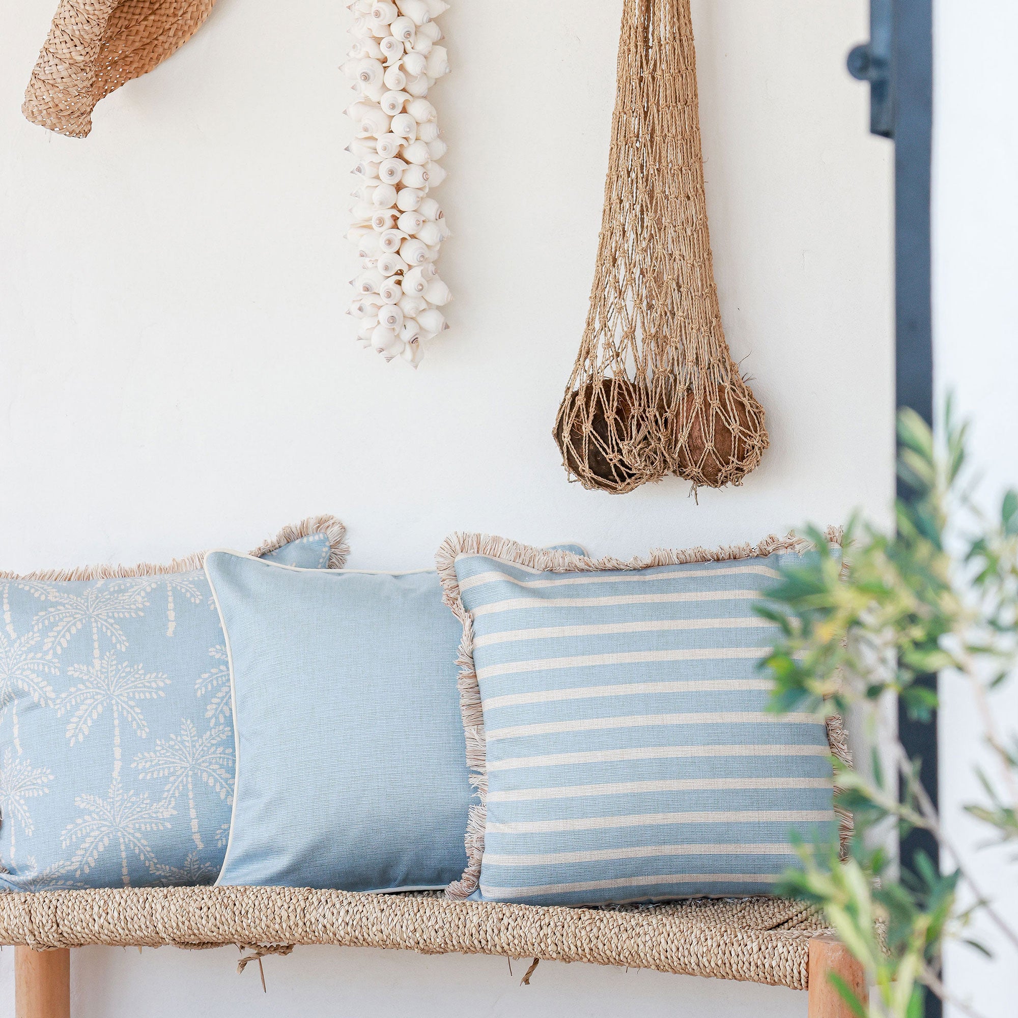 Cushion Cover-Coastal Fringe-Cabana Palms Pale Blue-45cm x 45cm
