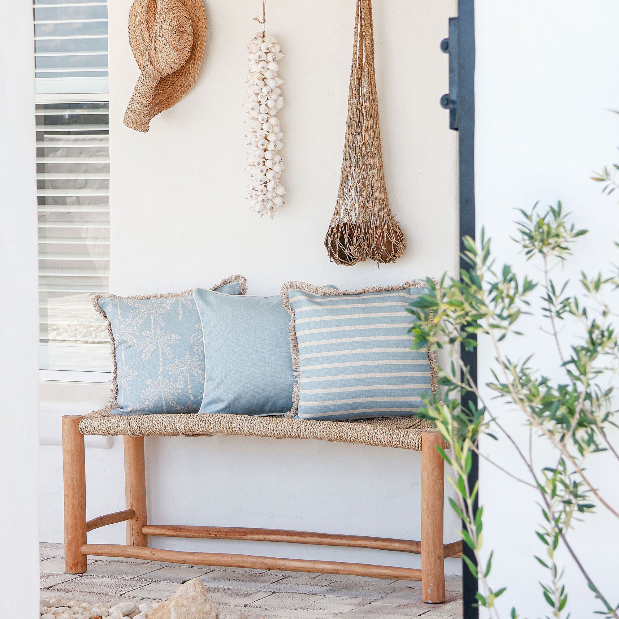 Cushion Cover-Coastal Fringe-Cabana Palms Pale Blue-45cm x 45cm