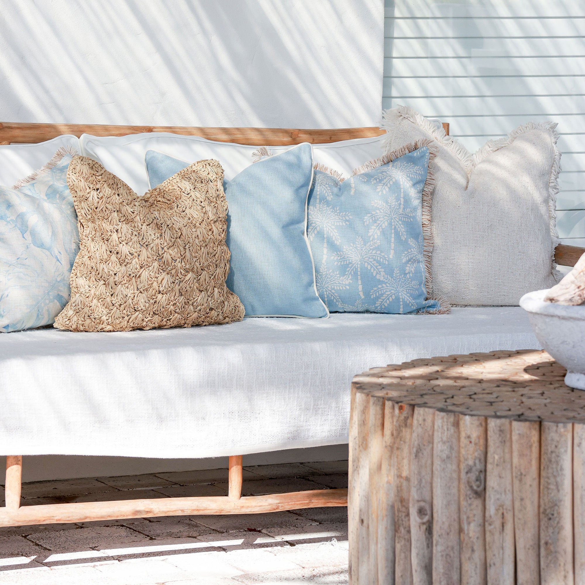 Cushion Cover-Coastal Fringe-Cabana Palms Pale Blue-45cm x 45cm