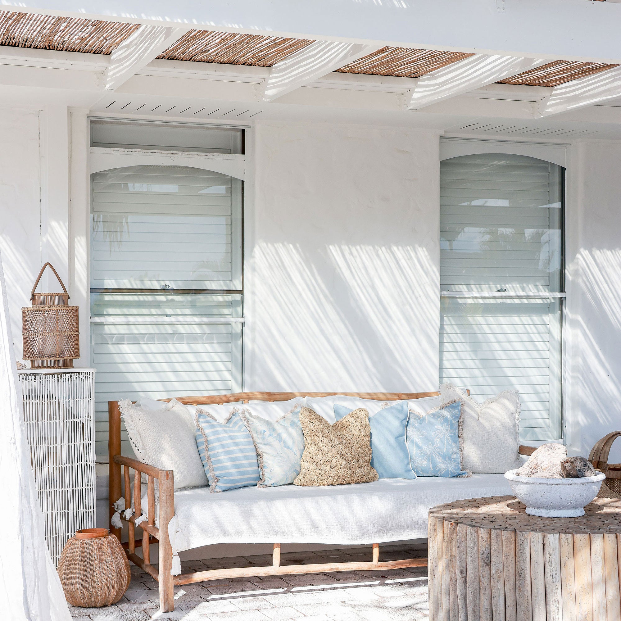 Cushion Cover-Coastal Fringe-Cabana Palms Pale Blue-45cm x 45cm