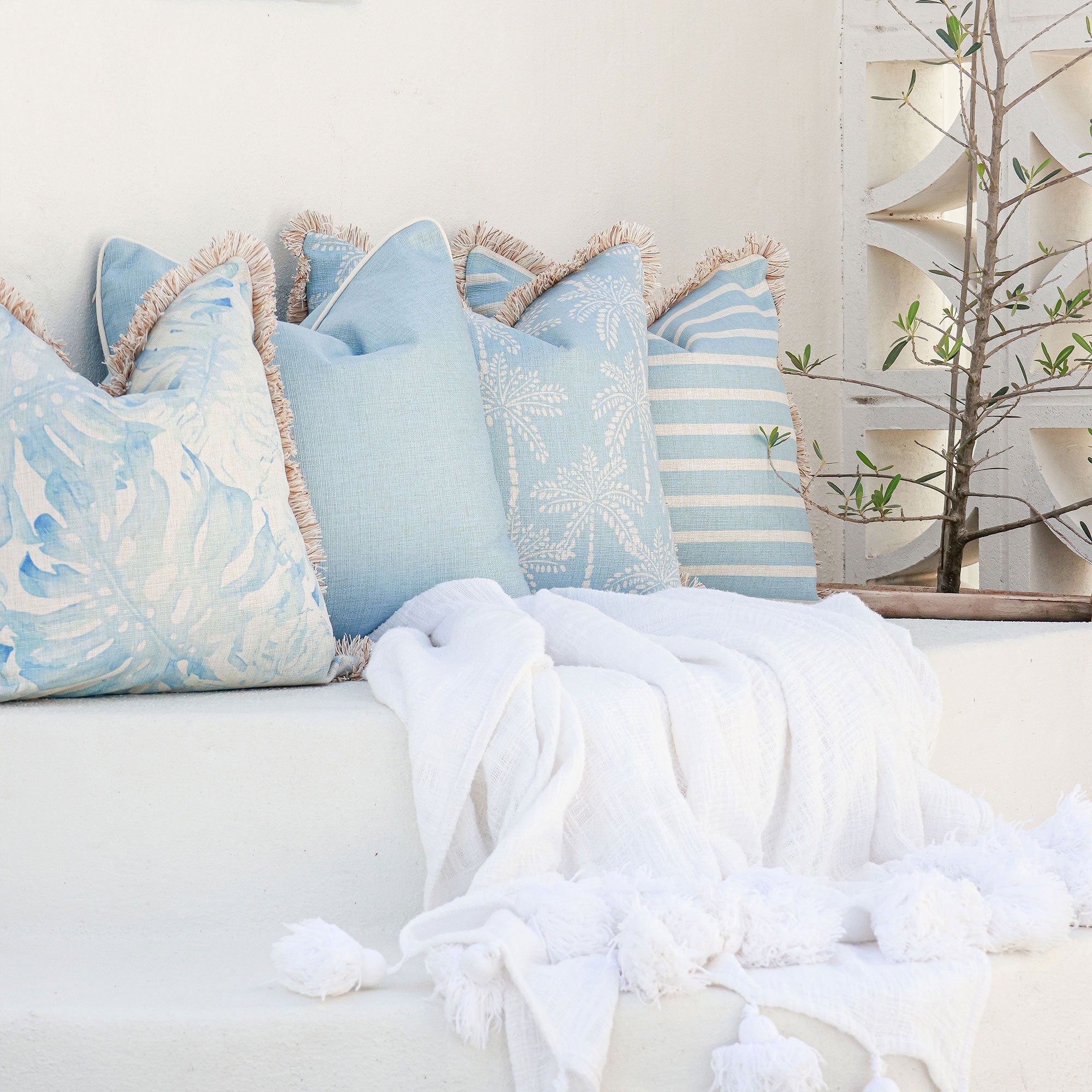 Cushion Cover-Coastal Fringe-Cabana Palms Pale Blue-45cm x 45cm