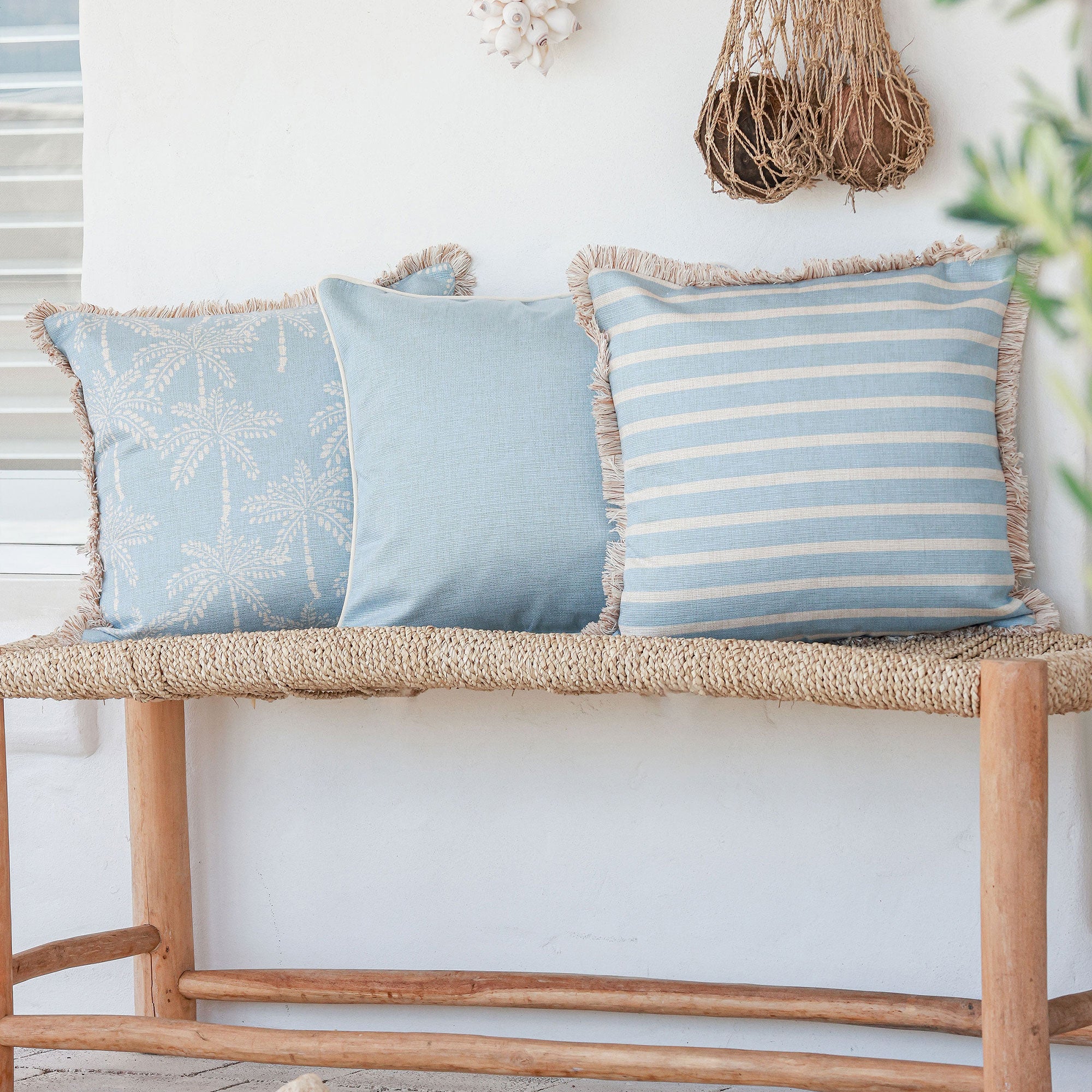 Cushion Cover-Coastal Fringe-Hampton Stripe Pale Blue-45cm x 45cm