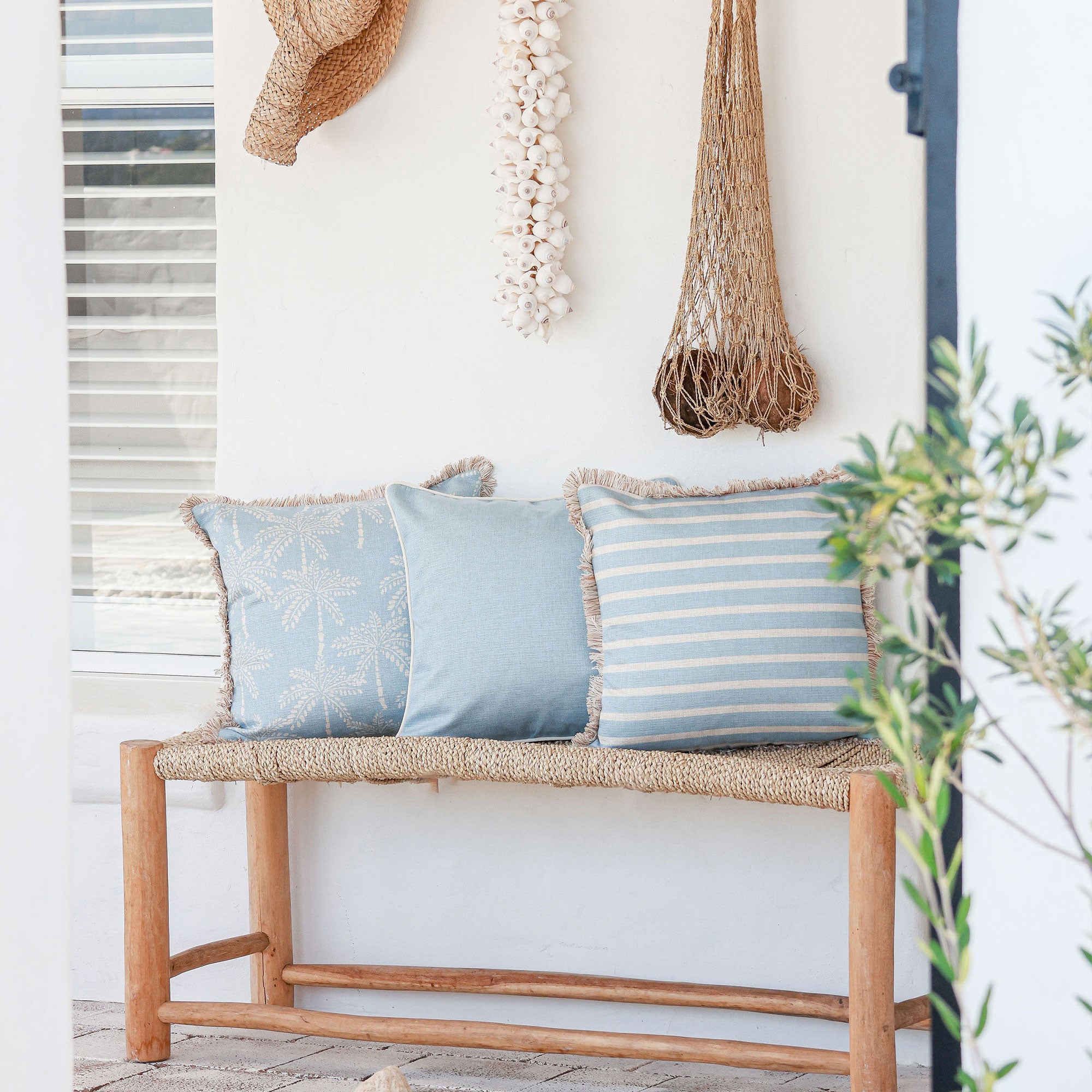 Cushion Cover-Coastal Fringe-Hampton Stripe Pale Blue-45cm x 45cm