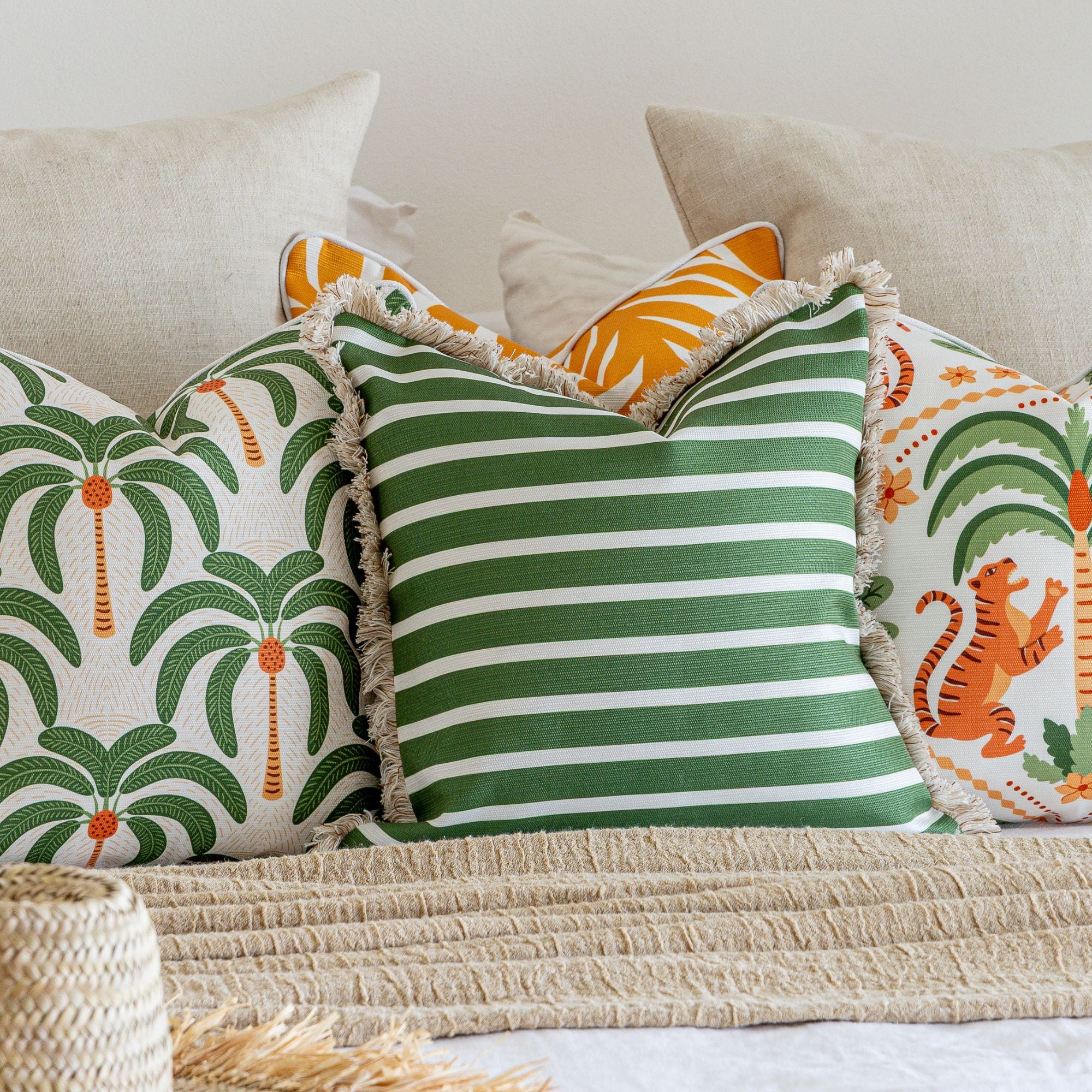Cushion Cover-Coastal Fringe-Candy Stripe Eucalyptus-45cm x 45cm