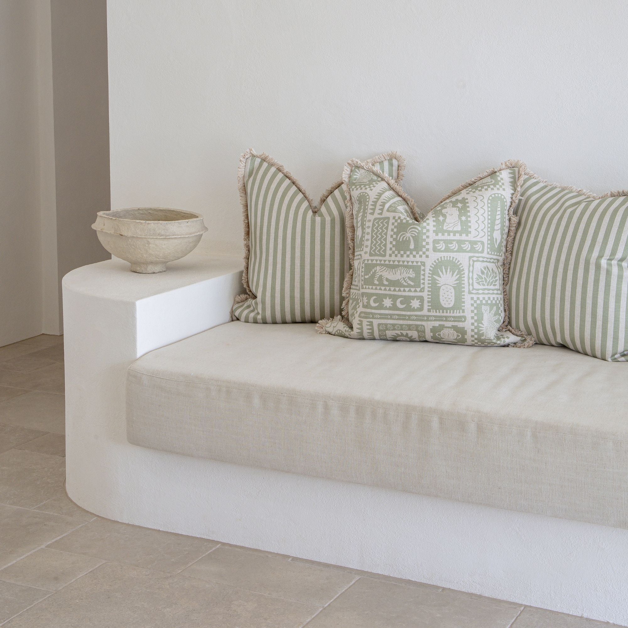 Cushion Cover-Coastal Fringe-Candy Stripe Sage-45cm x 45cm