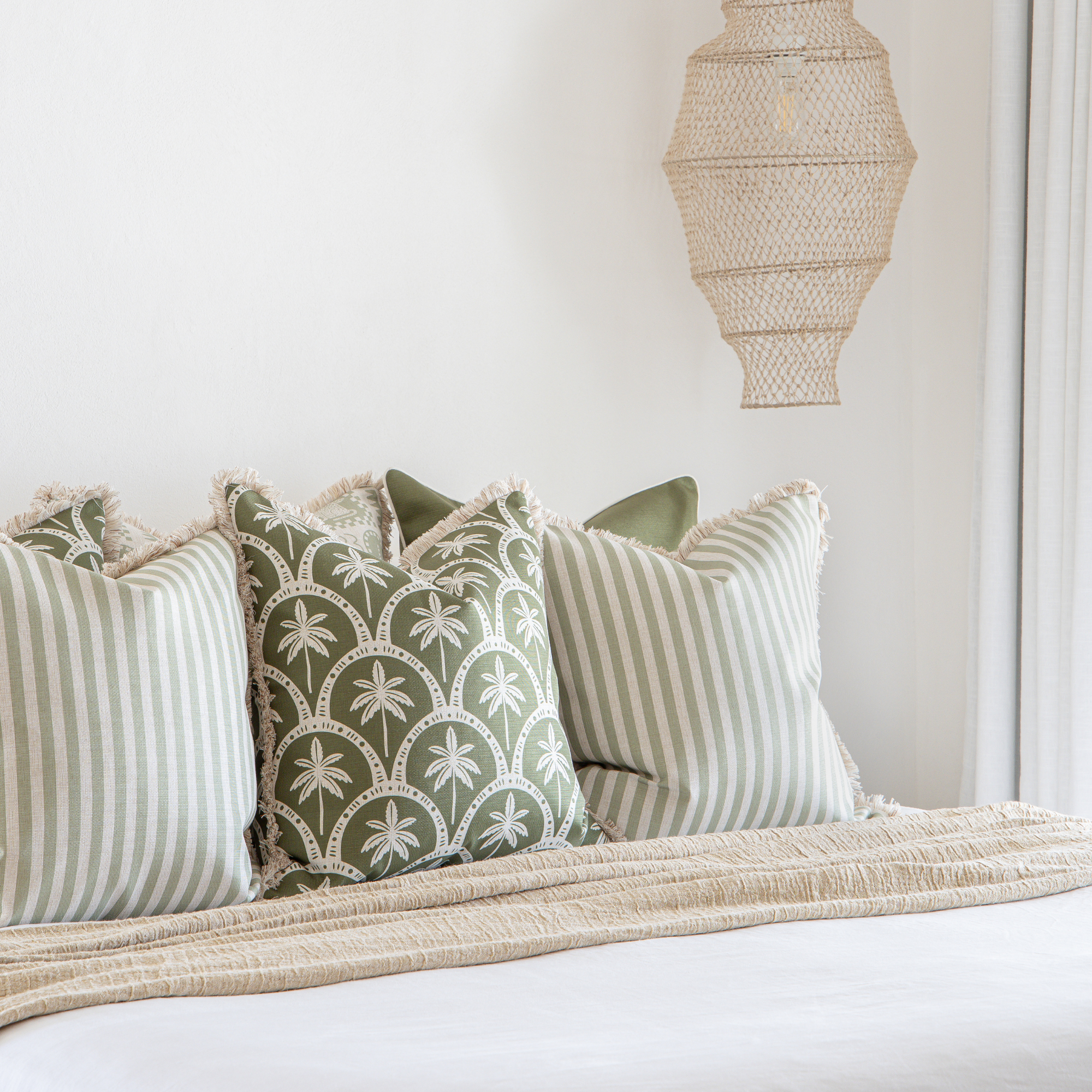 Cushion Cover-Coastal Fringe-Candy Stripe Sage-45cm x 45cm