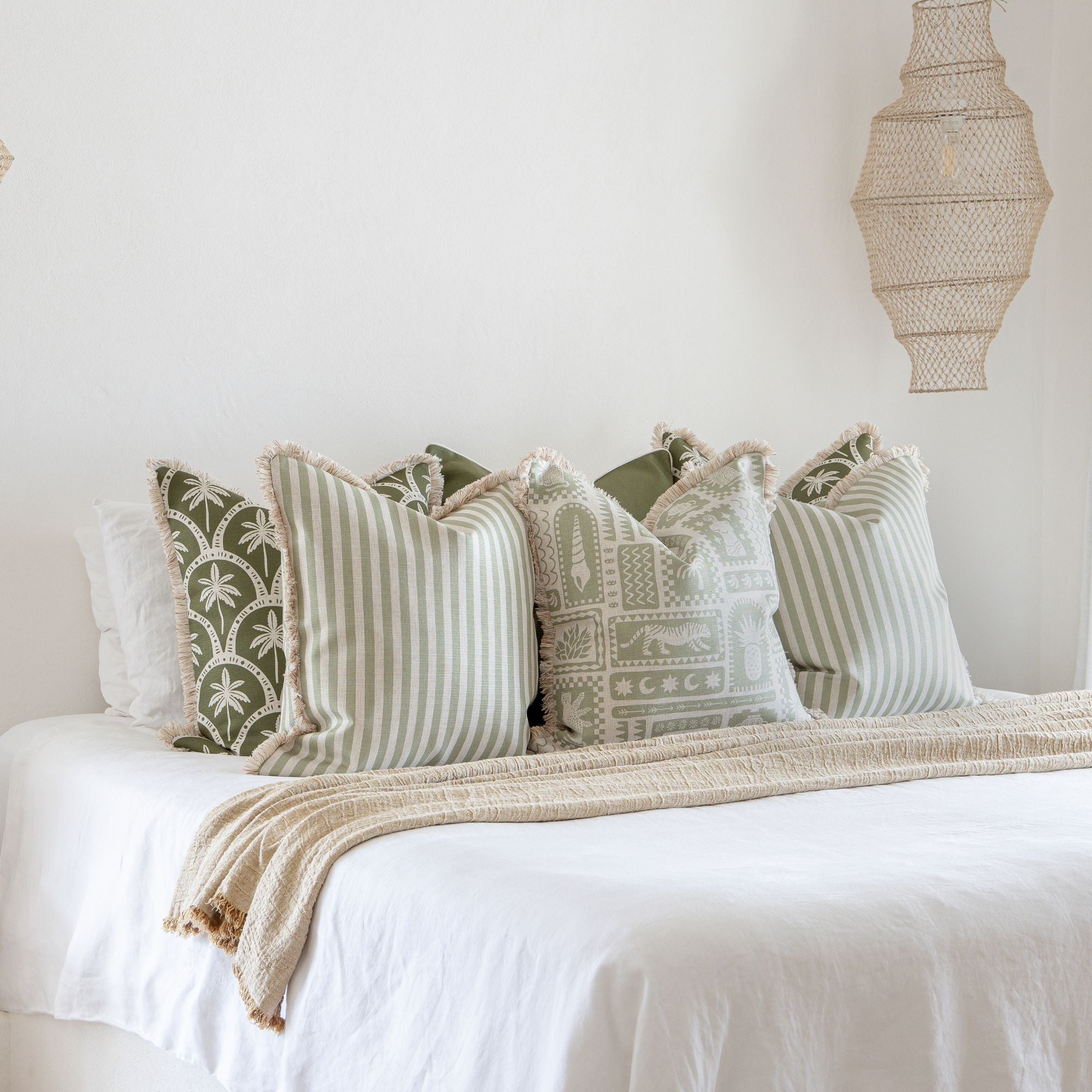Cushion Cover-Coastal Fringe-Candy Stripe Sage-45cm x 45cm