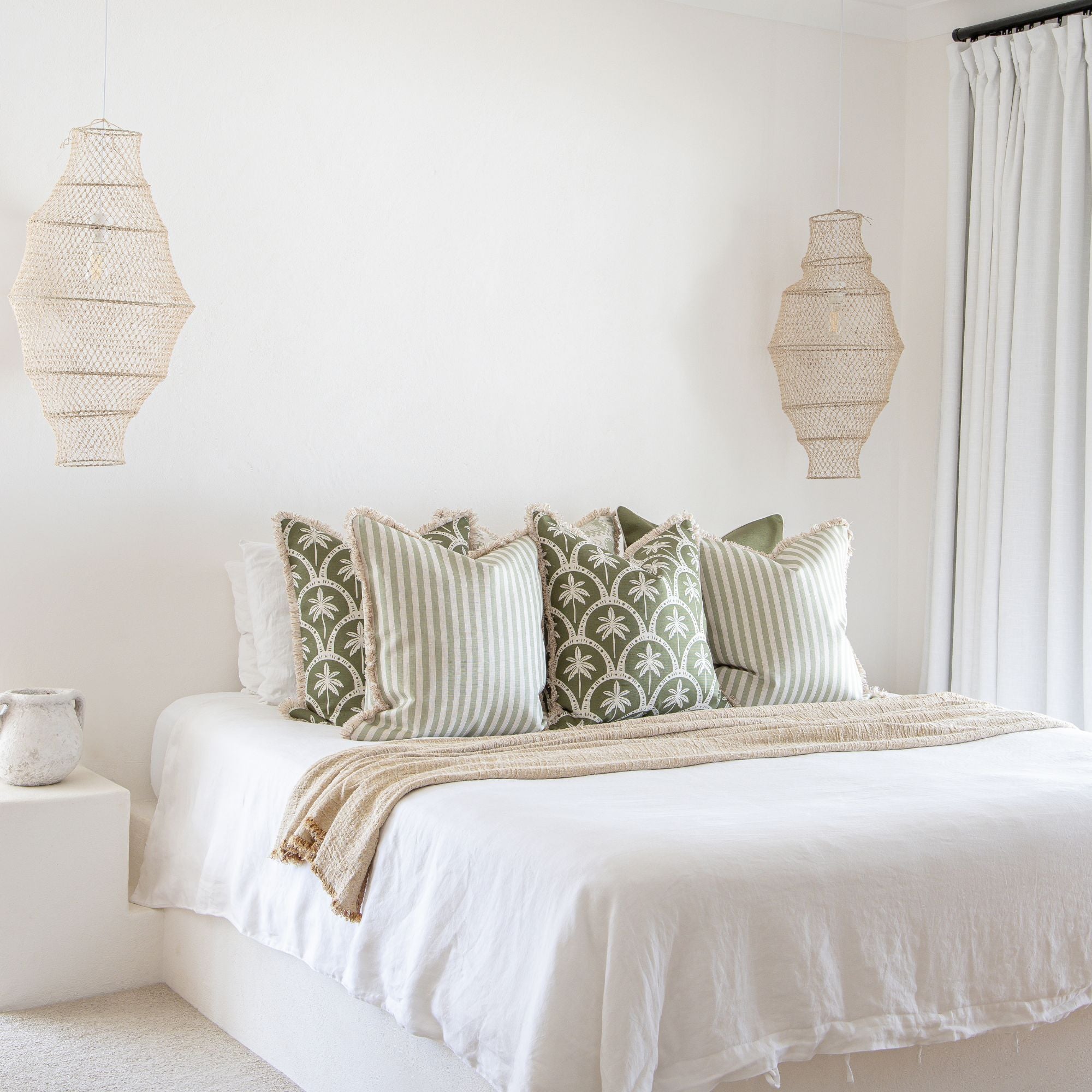 Cushion Cover-Coastal Fringe-Candy Stripe Sage-45cm x 45cm
