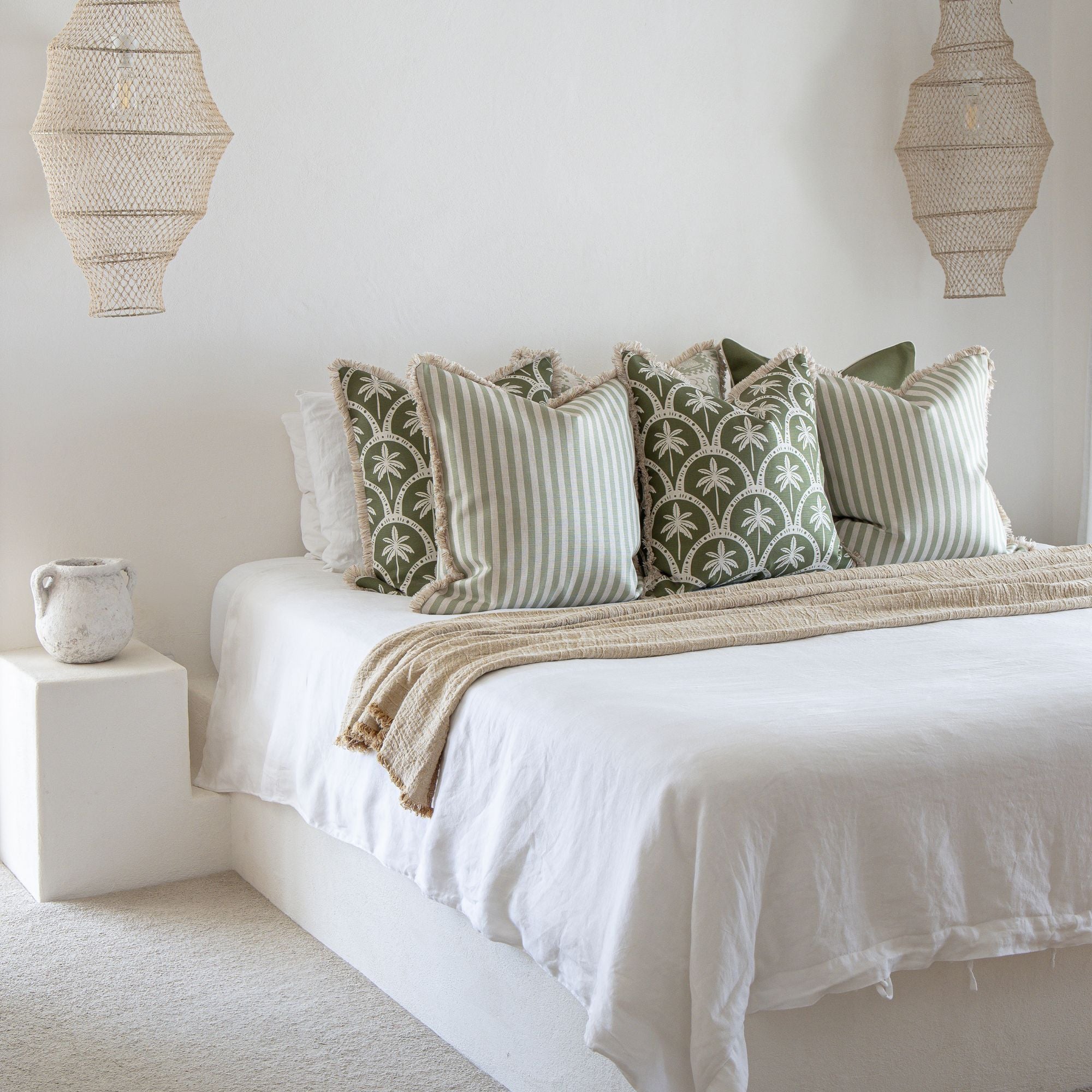 Cushion Cover-Coastal Fringe-Candy Stripe Sage-45cm x 45cm