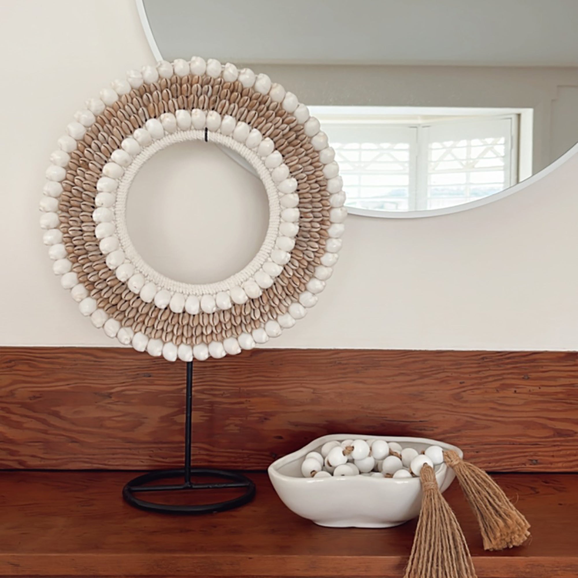 Tribal Shell Decor Stand-White and Beige Cowrie Shells-Medium