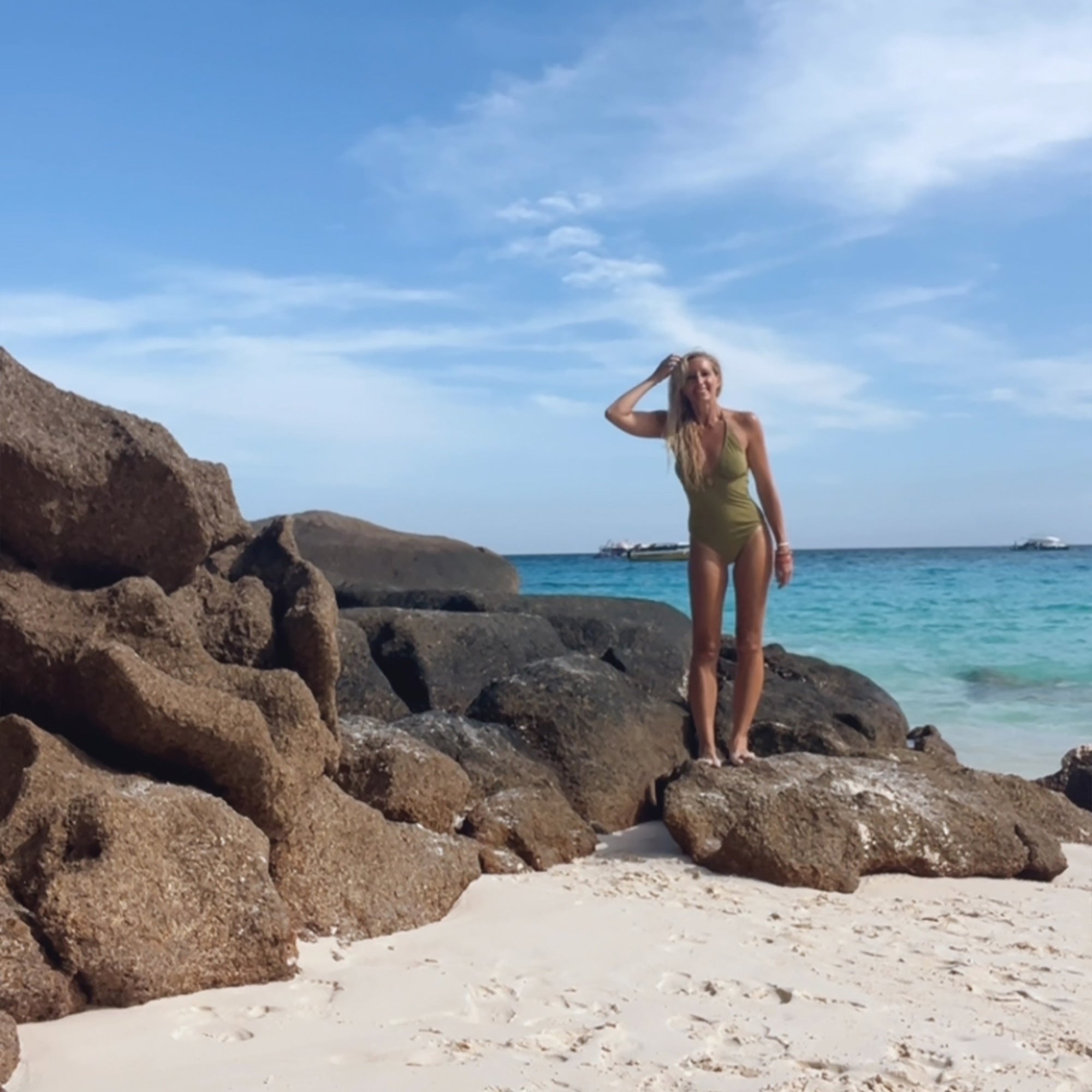 Cutout One Piece-Embossed Geo Palms Olive