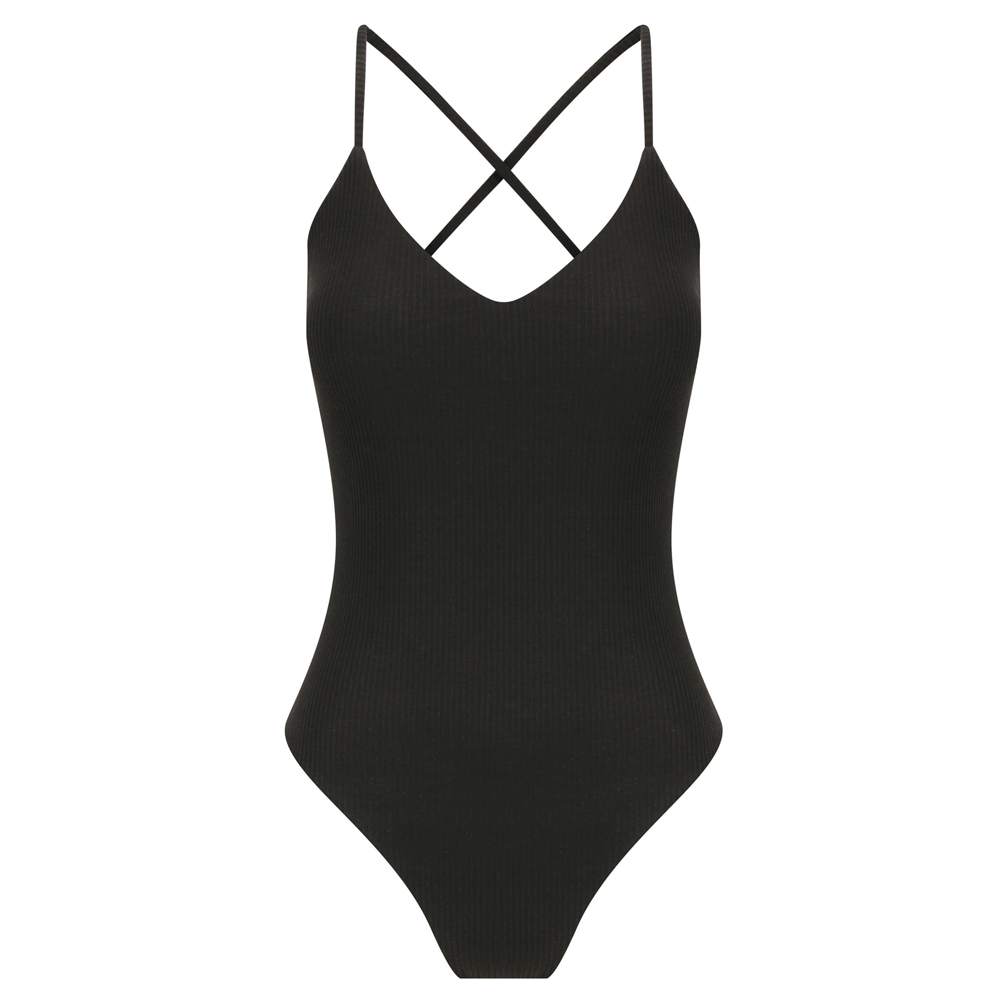 Cross Back One Piece-Ribbed Black