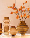 Ribbed Layered Wide Glass Vase-Medium-Amber