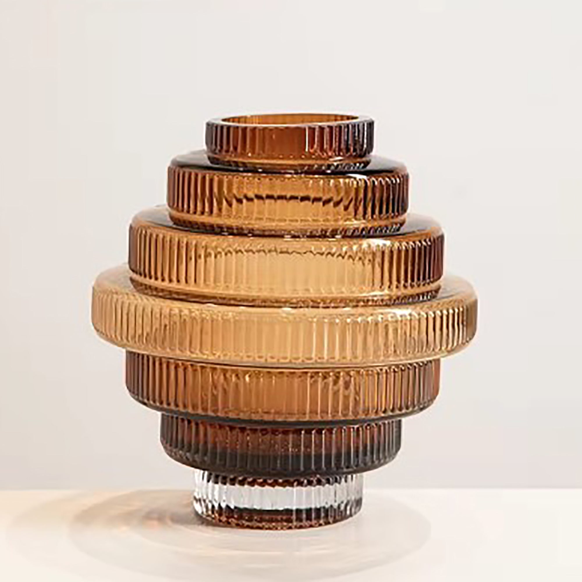 Ribbed Layered Wide Glass Vase-Medium-Amber