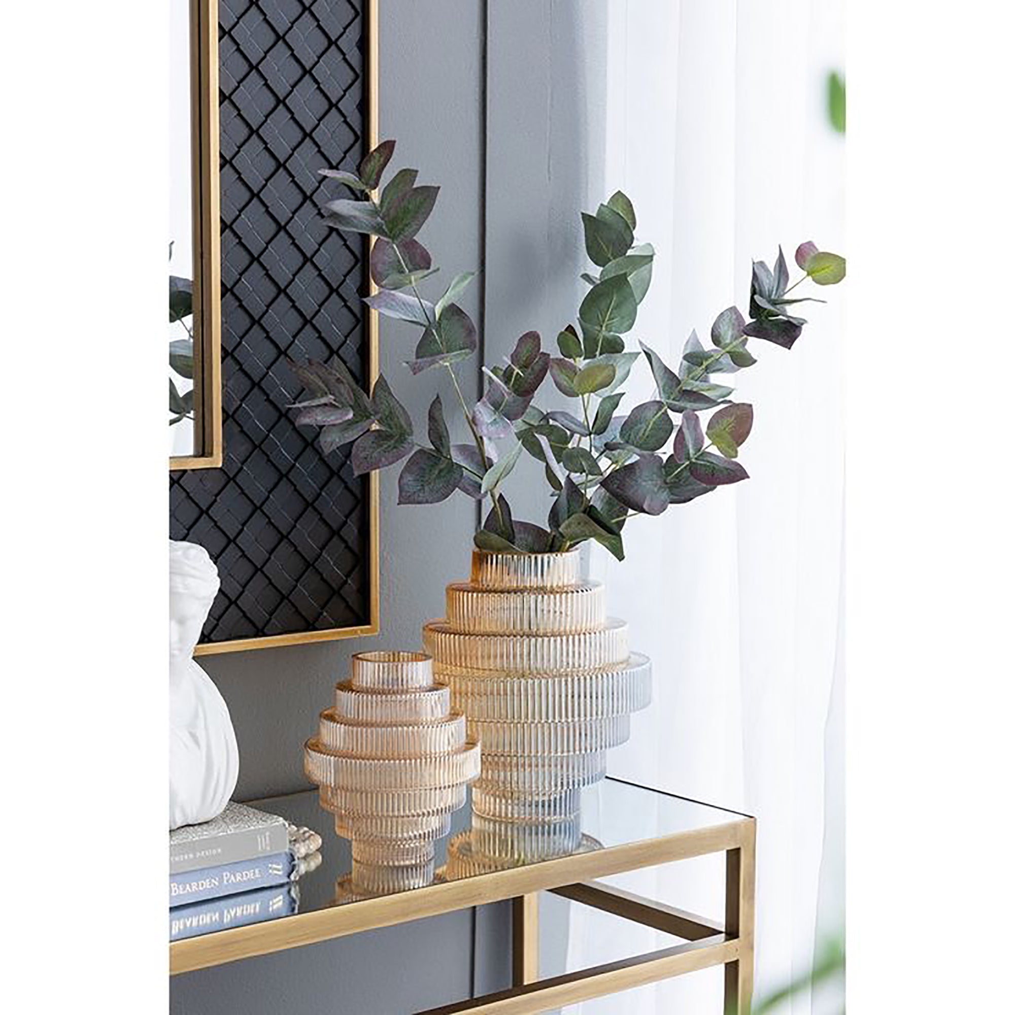 Ribbed Layered Wide Glass Vase-Medium-Amber
