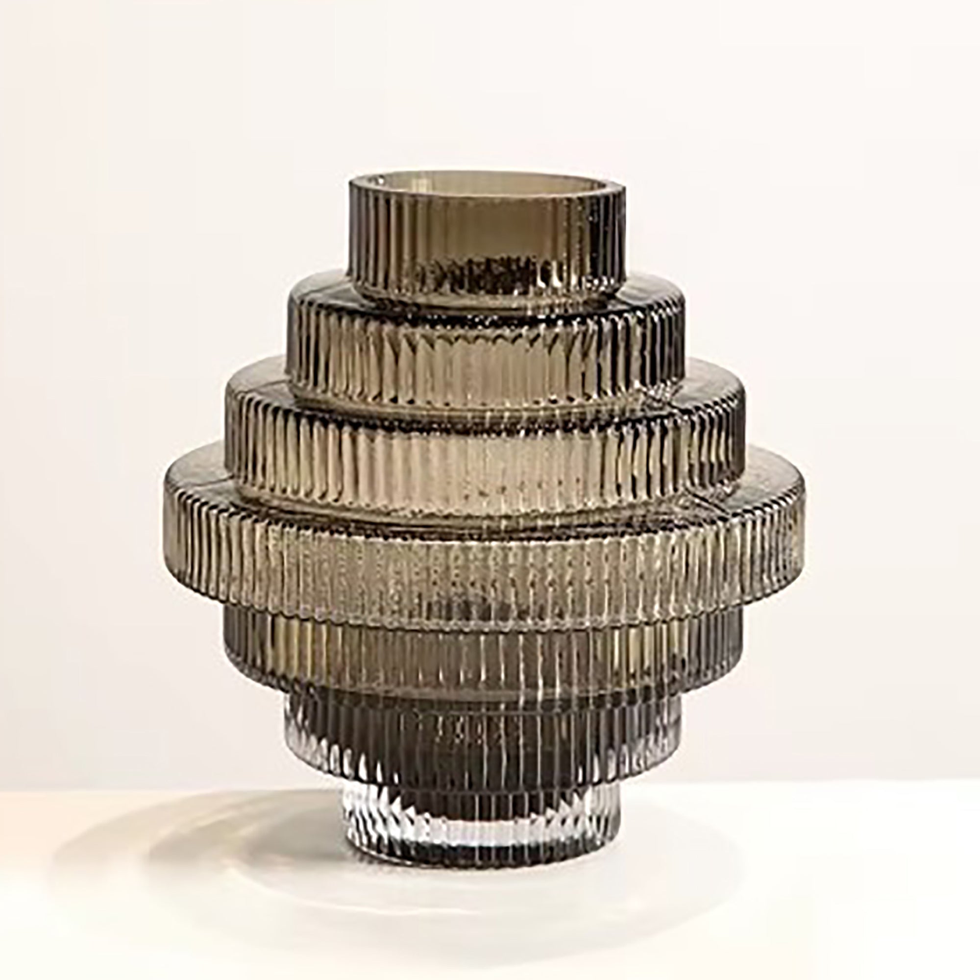 Ribbed Layered Wide Glass Vase-Medium-Grey