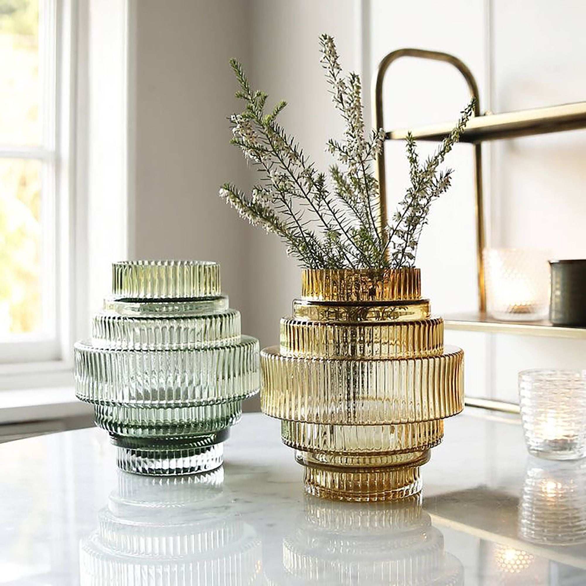 Ribbed Layered Wide Glass Vase-Large-Grey