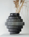 Ribbed Layered Wide Glass Vase-Large-Grey