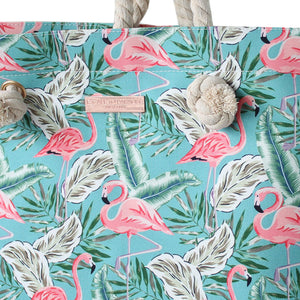 Rope Handle Beach Bag-Teal Flamingo