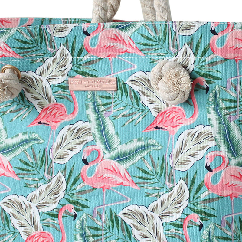 Rope Handle Beach Bag-Teal Flamingo