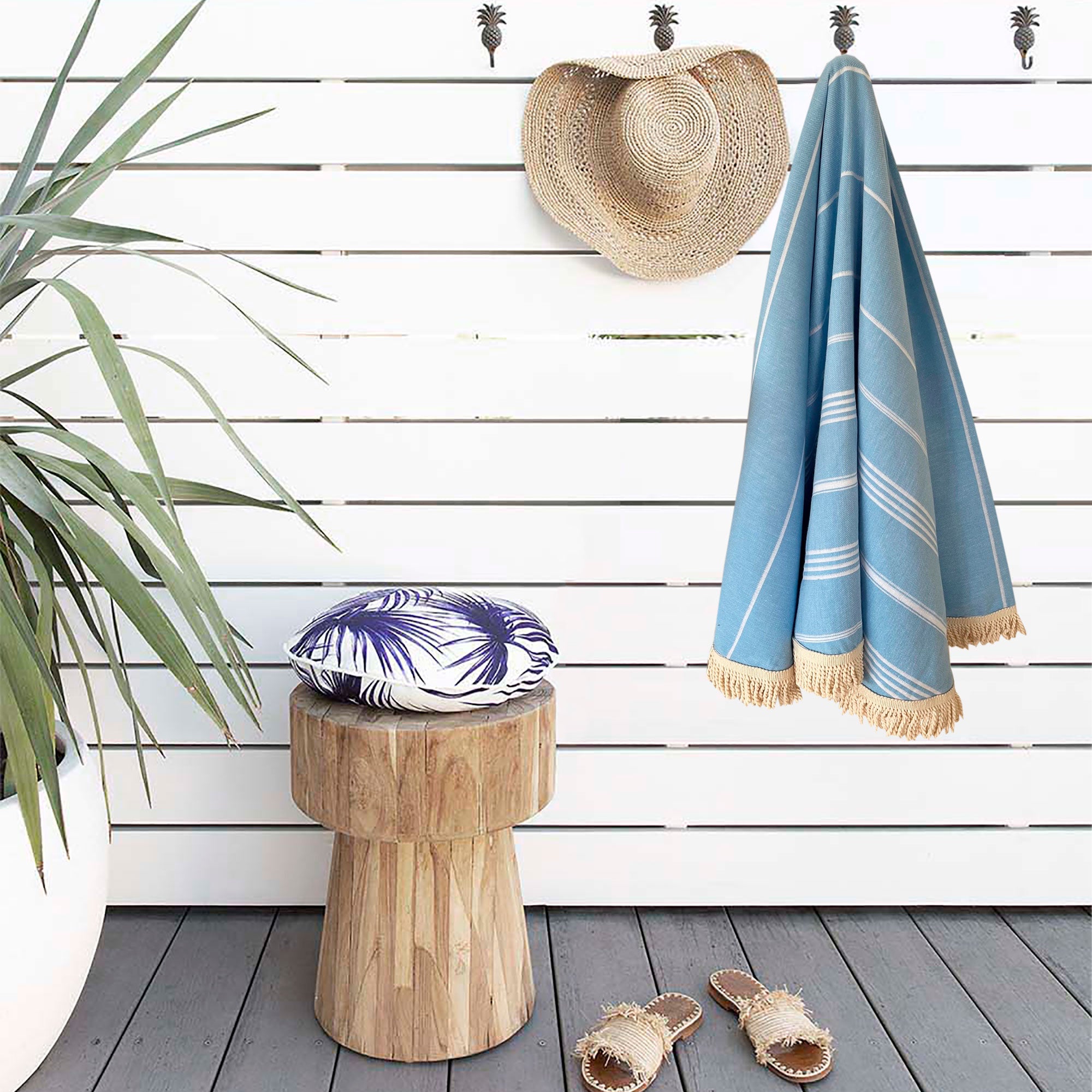 Round Bamboo Turkish Towel-Blue Stripe