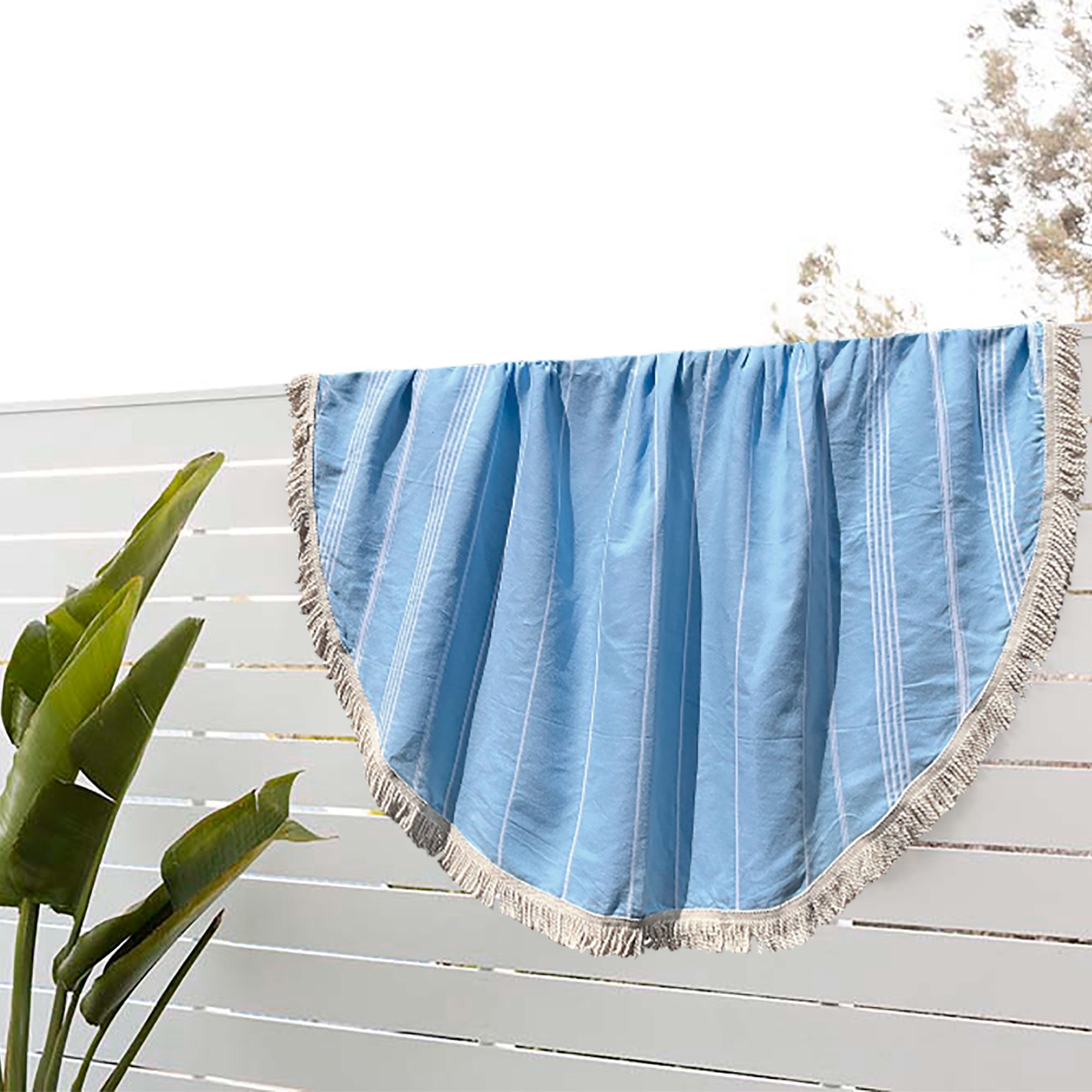 Round Bamboo Turkish Towel-Blue Stripe